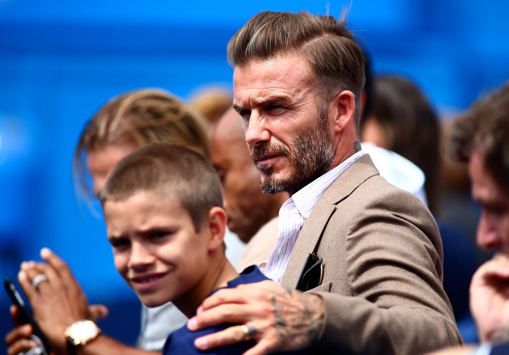 LONDON, ENGLAND - JUNE 14: David Beckham watches the action with his son Romeo Beckham during day two of the Aegon Championships at The Queens Club on June 14, 2016 in London, England. (Photo by Jordan Mansfield/Getty Images) (Photo by Jordan Mansfield/Getty Images )