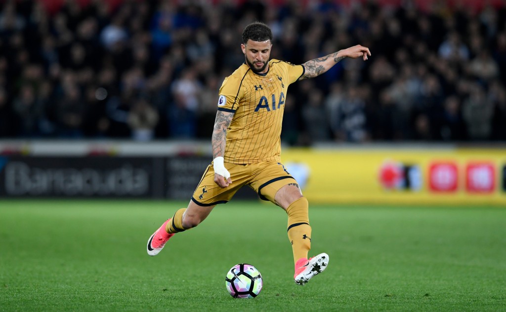 SWANSEA, WALES - APRIL 05: Spurs full back Kyle Walker in action during the Premier League match between Swansea City and Tottenham Hotspur at Liberty Stadium on April 5, 2017 in Swansea, Wales. (Photo by Stu Forster/Getty Images)