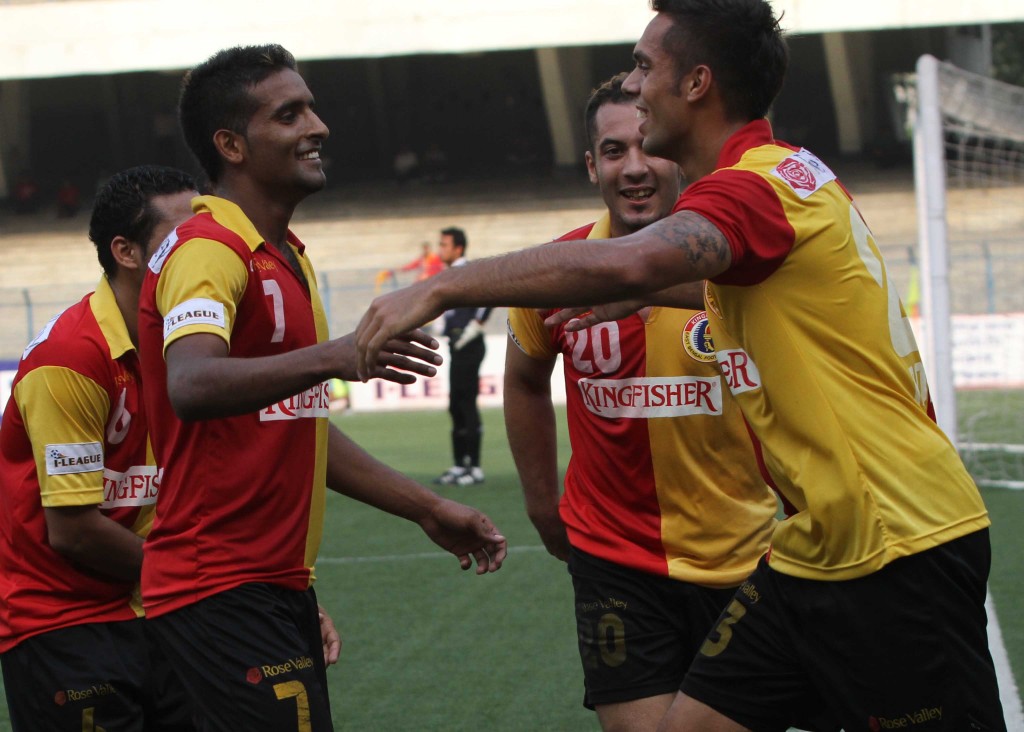 East Bengal Players celebrate their goal against Mumbai FC
