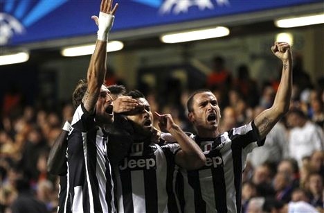 Juventus celebrating their equalizer at Stamford Bridge