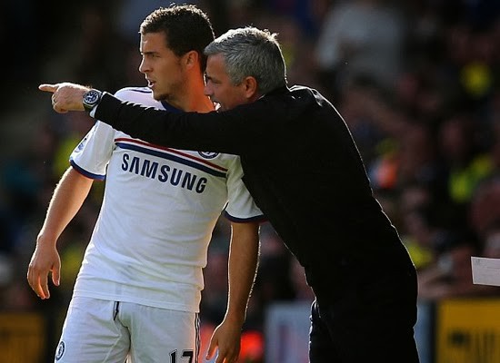 Eden Hazard (left, Chelsea midfielder) and Jose Mourinho (right, Chelsea manager) |