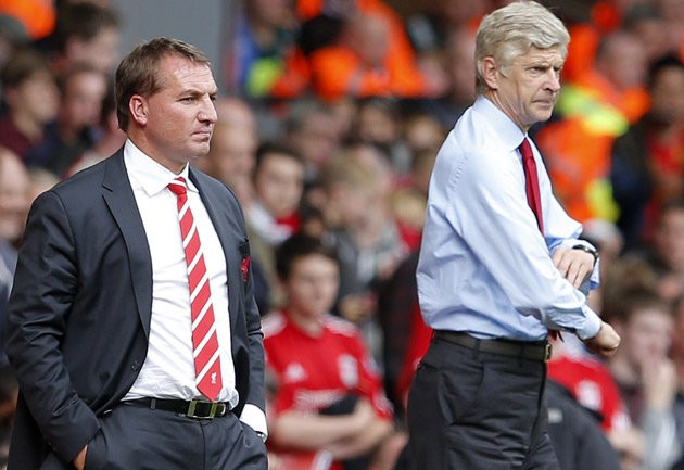 Brendan Rodgers (left, Liverpool manager) and Arsene Wenger (right, Arsenal manager)