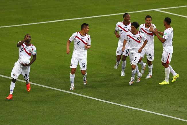 Joel Campbell leads Costa Rican celebrations after he netted the equaliser