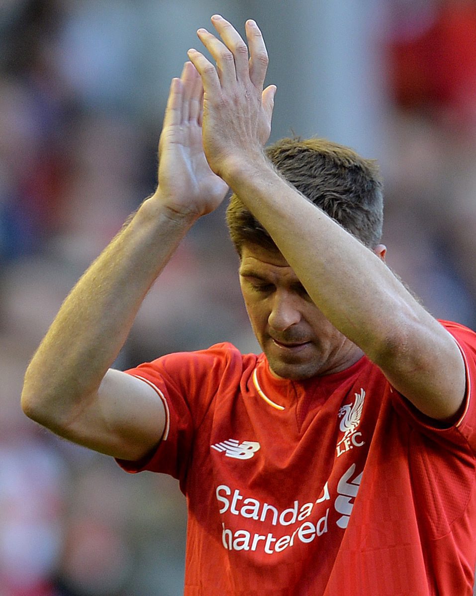 Liverpool's Steven Gerrard reacts during the English Premier League soccer match between Liverpool and Crystal Palace at the Anfield in Liverpool, Britain, 16 April 2015. Liverpool's captain Steven Gerrard makes his final home appearance before leaving the club in the summer to play for Los Angeles Galaxy in the MLS.  (Photo by PETER POWELL/EPA)