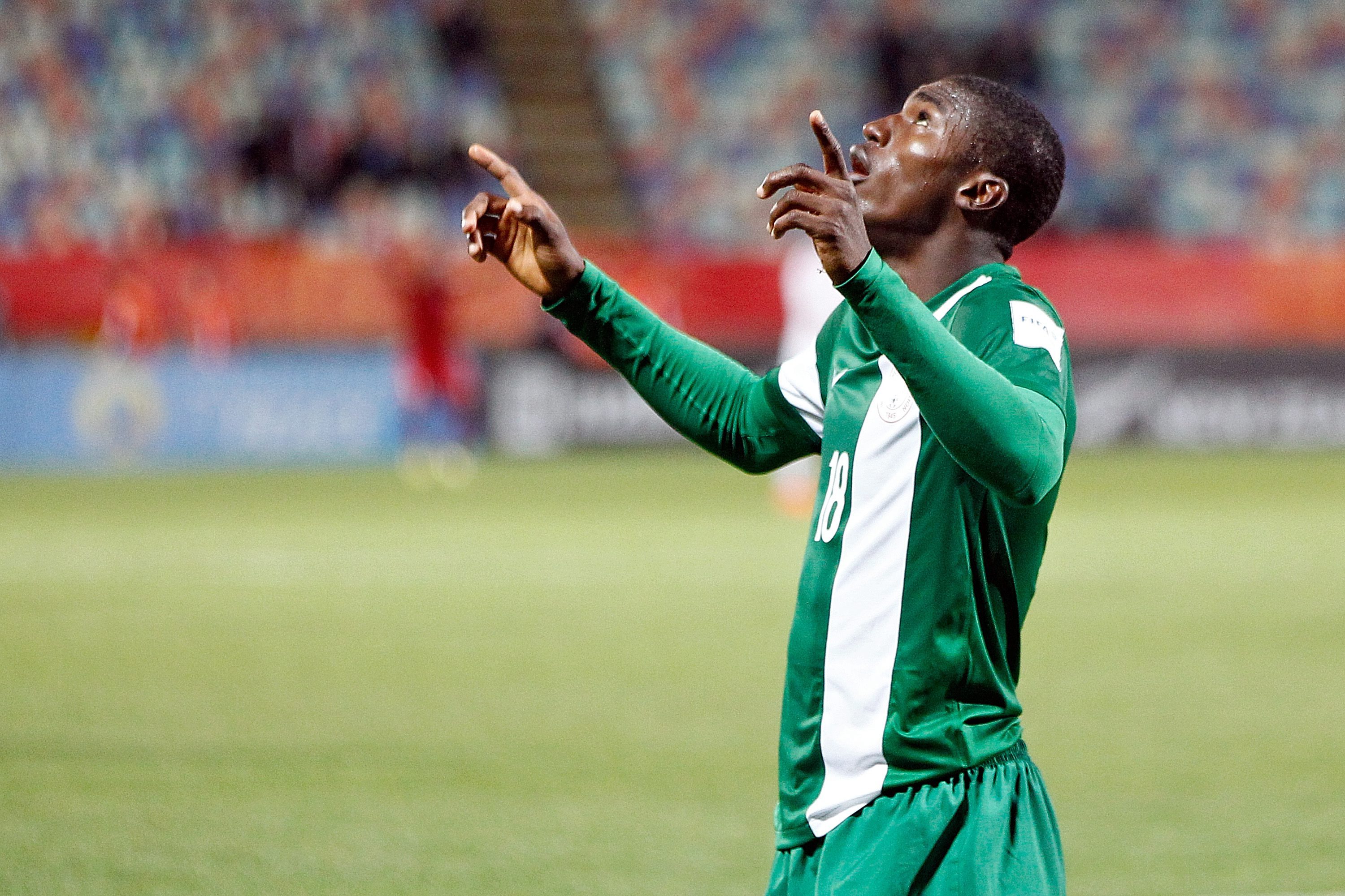 epa04787366 Taiwo Awoniyi of Nigeria celebrates after scoring a goal during the FIFA Under-20 World Cup 2015 group E match between Hungary and Nigeria in New Plymouth, New Zealand, 07 June 2015.  EPA/DEAN PEMBERTON EDITORIAL USE ONLY NOT TO BE USED IN ASSOCATION WITH ANY COMMERCIAL ENTITY - IMAGES MUST NOT BE USED IN ANY FORM OF ALERT OR PUSH SERVICE OF ANY KIND INCLUDING VIA MOBILE ALERT SERVICES, DOWNLOADS TO MOBILE DEVICES OR MMS MESSAGING