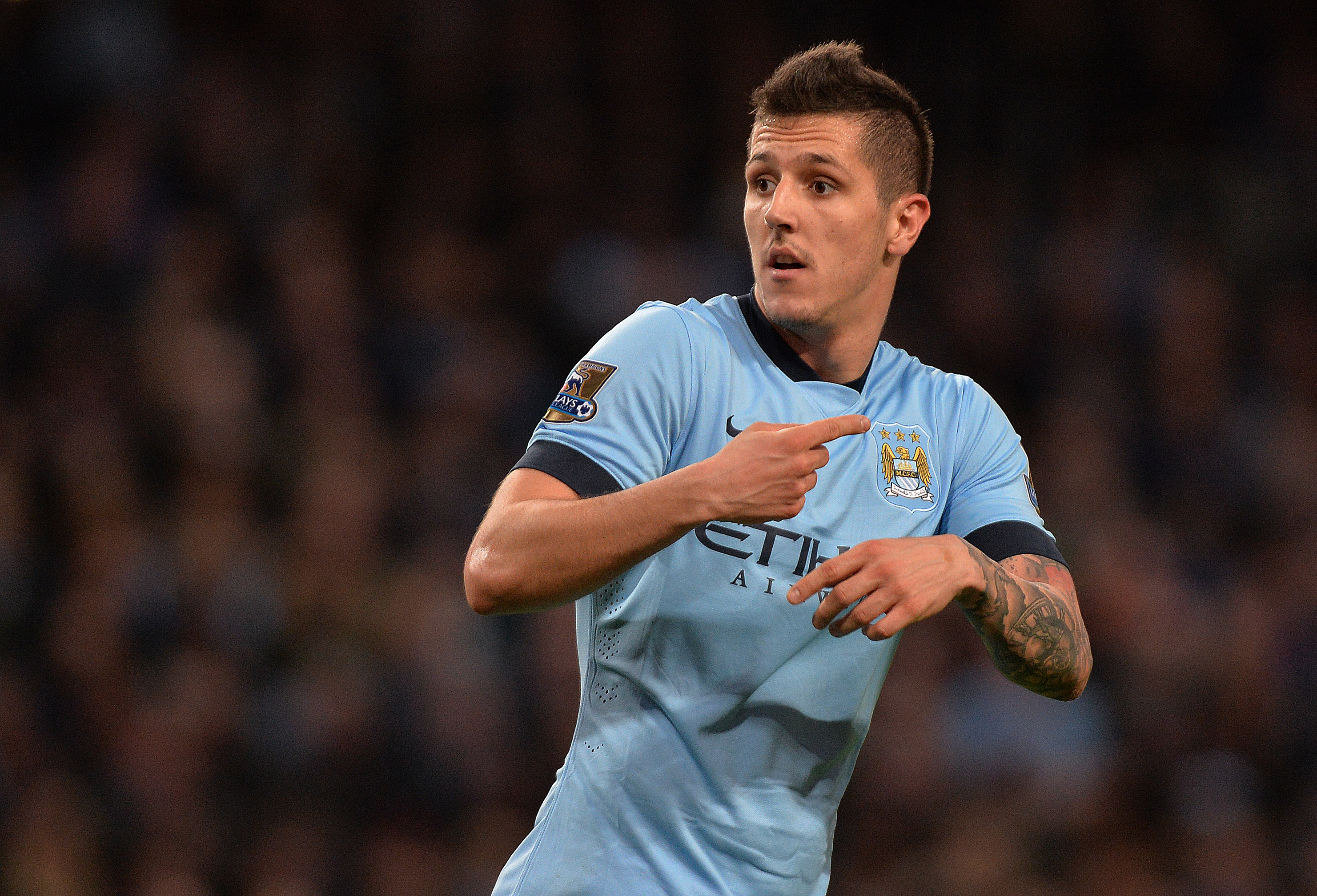 epa04499901 Manchester City's Stevan Jovetic during the English Premier League soccer match between Manchester City and Swansea City at the Etihad stadium in Manchester, Britain, 22 November 2014.  EPA/PETER POWELL DataCo terms and conditions apply 
http://www.epa.eu/files/Terms%20and%20Conditions/DataCo_Terms_and_Conditions.pdf