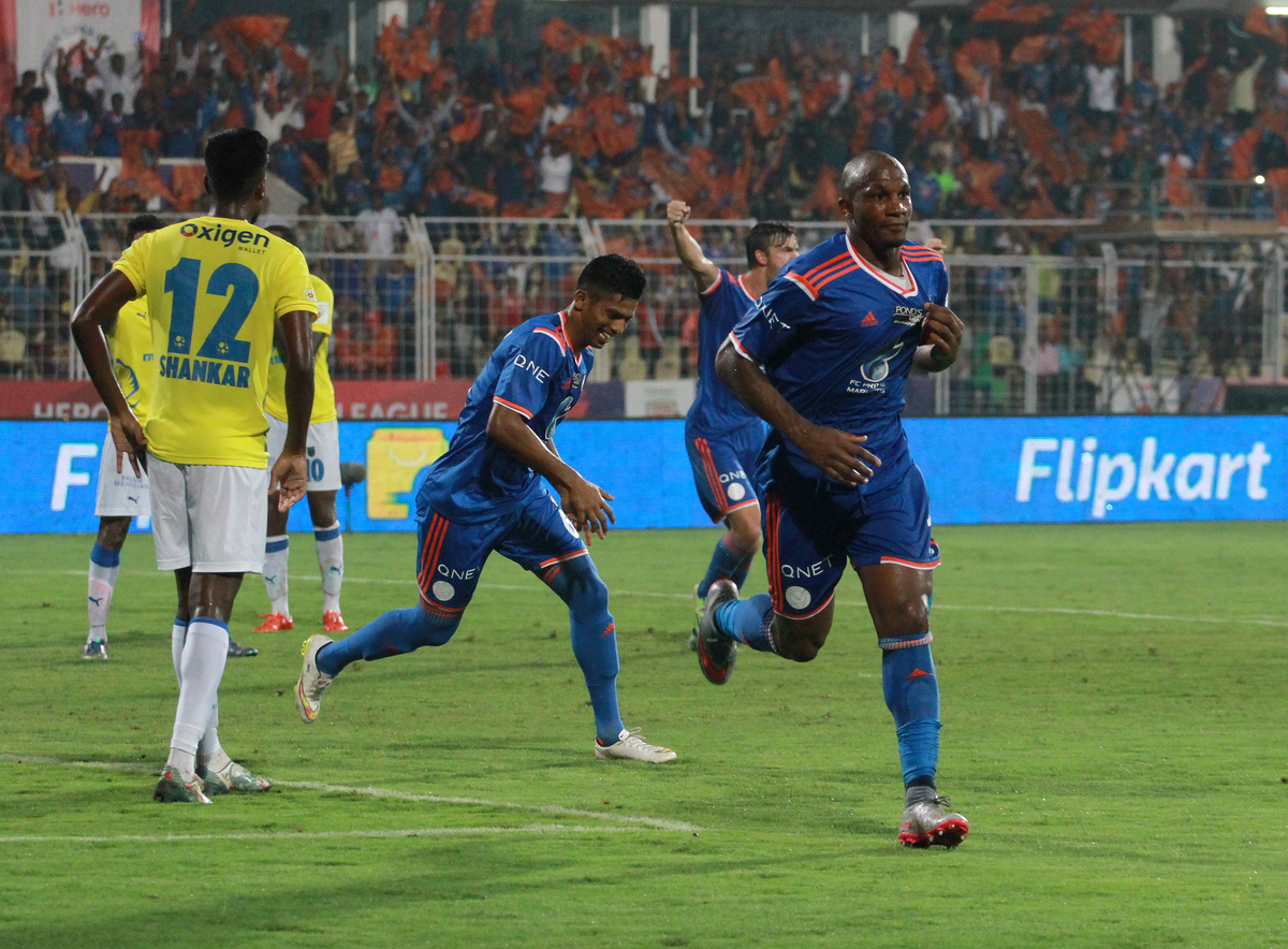 Gregory Arnolin of FC Goa celebrates a goal during match 18 of the Indian Super League (ISL) season 2  between FC Goa and Kerala Blasters FC held at the Jawaharlal Nehru Stadium, Fatorda, Goa, India on the 22nd October 2015.

Photo by Vipin Pawar / ISL/ SPORTZPICS