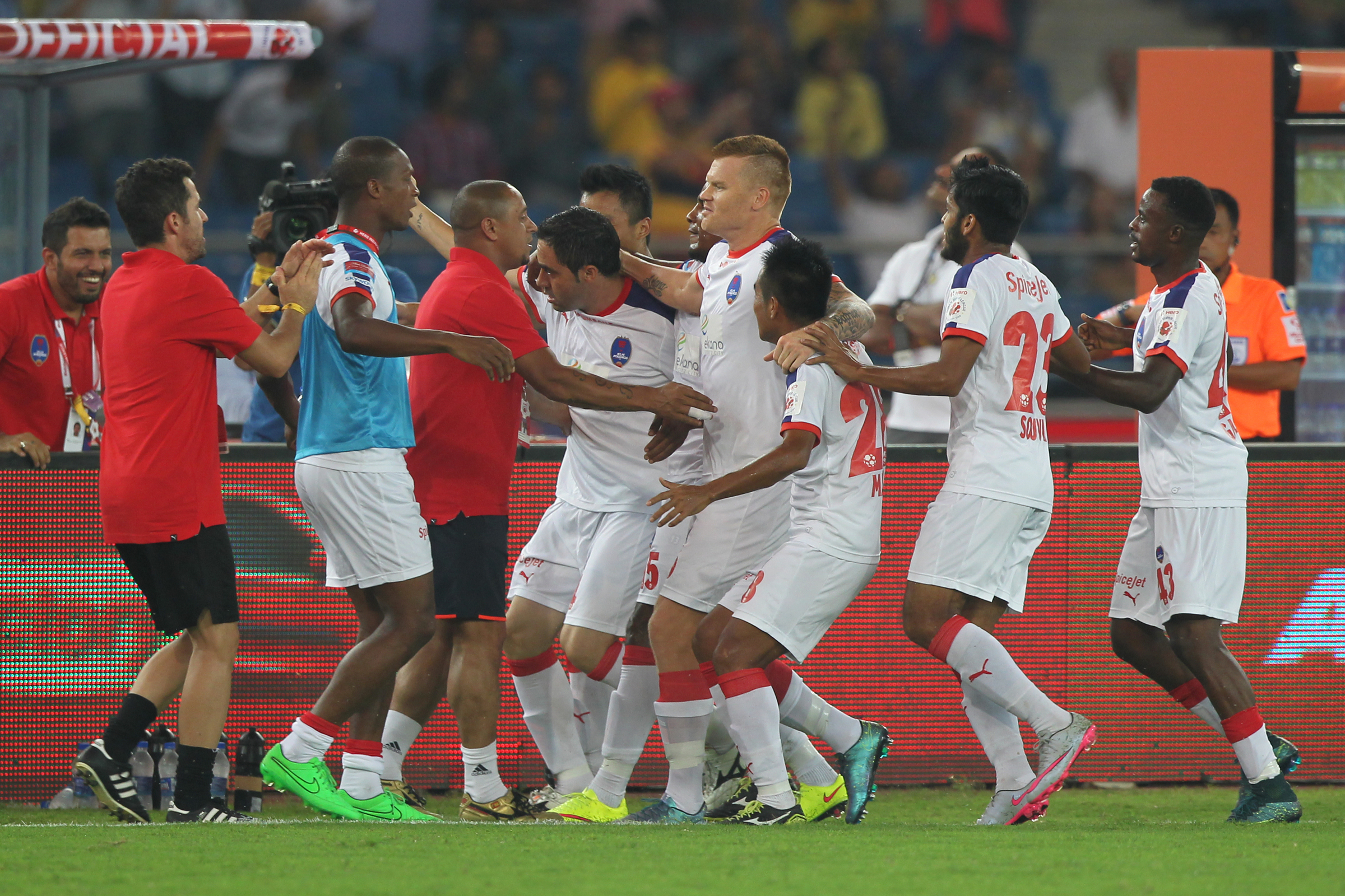 Anderson Sebastiao Cardoso of Delhi Dynamos FC celebrates a goal with team mates during match 6 of the Indian Super League (ISL) season 2  between Delhi Dynamos FC and Chennaiyin FC held at the Jawaharlal Nehru Stadium, Delhi, India on the 8th October 2015.

Photo by Deepak Malik / ISL/ SPORTZPICS