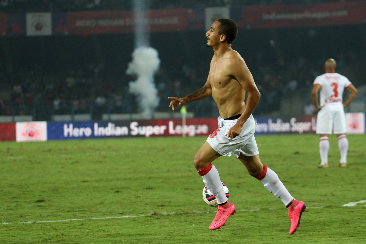 Gustavo dos Santos Marmentini of Delhi Dynamos FC celebrates scoring for Delhi during match 24 of the Indian Super League (ISL) season 2  between Atlético de Kolkata and Delhi Dynamos FC held at the Salt Lake Stadium, Kolkata, India on the 29th October 2015.

Photo by Ron Gaunt / ISL/ SPORTZPICS