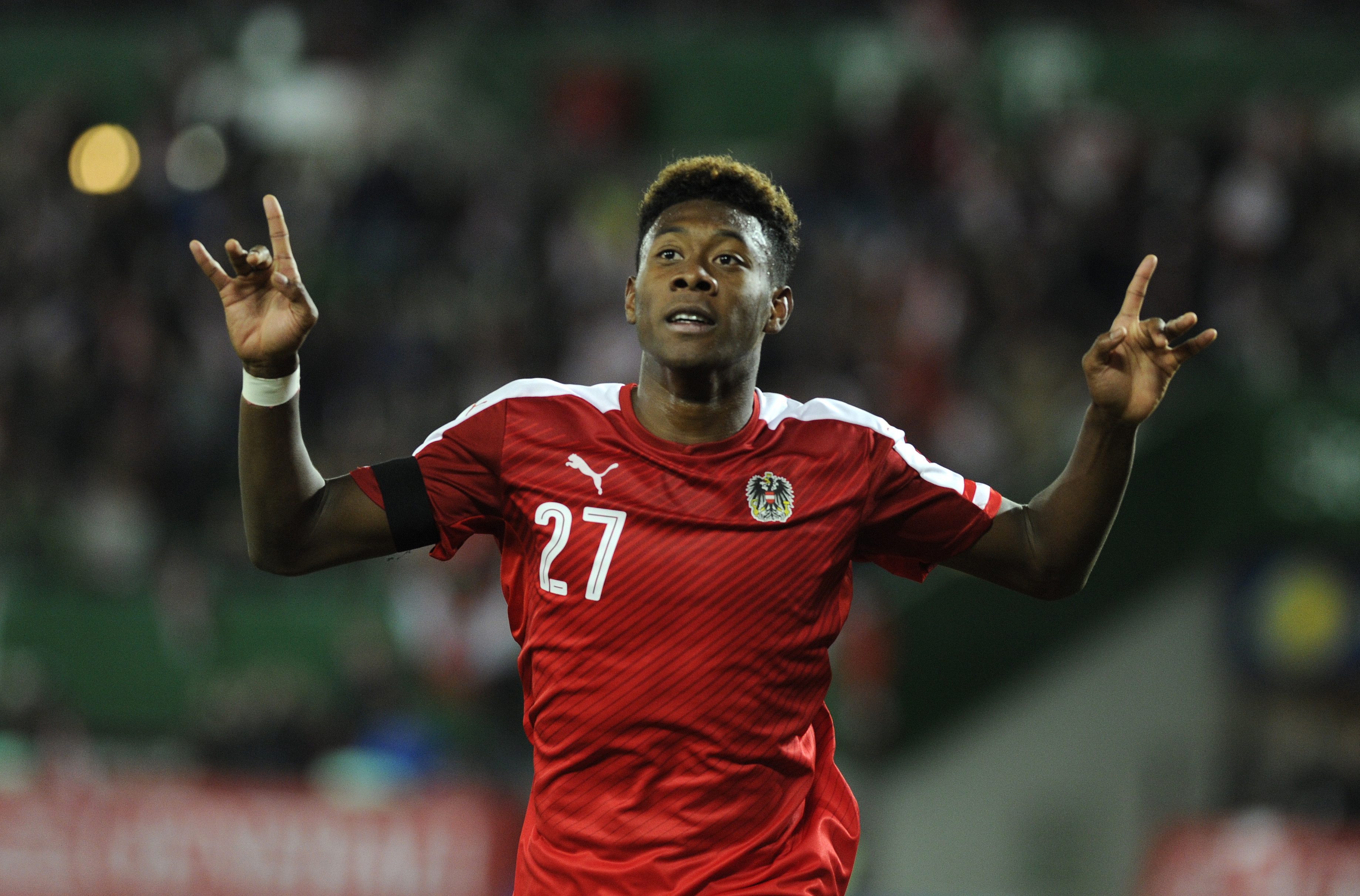 David Alaba reacts after scoring the 1-1  during a friendly soccer match between Austria and Switzerland at Ernst Happel stadium in Vienna, Austria, 17 November 2015. (Photo by HERBERT PFARRHOFER/EPA)