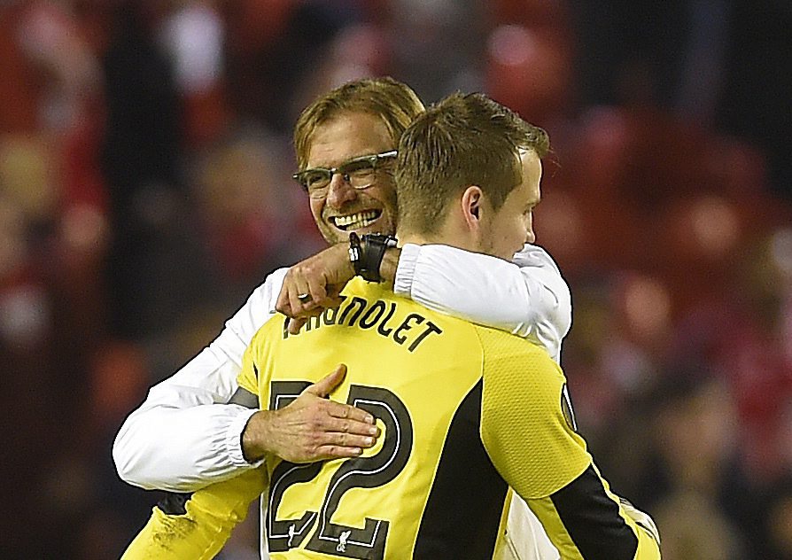 Liverpool's manager Jurgen Klopp celebrates with Liverpool's goalie Simon Mignolet after Liverpool's 2-1 victory during the UEFA Europa League group B soccer match between Liverpool FC and FC Girondins de Bordeaux held at Anfield in Liverpool, Britain, 26 November 2015.  (Photo by Peter Powell/EPA)