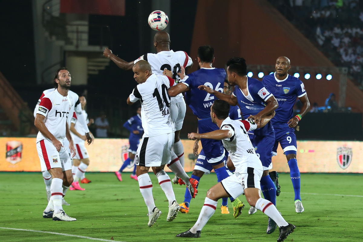 NorthEast United FC and Chennaiyin FC players in action during match 16 of the Indian Super League (ISL) season 2  between NorthEast United FC and Chennaiyin FC held at the Indira Gandhi Stadium, Guwahati, India on the 20th October 2015.

Photo by Deepak Malik / ISL/ SPORTZPICS