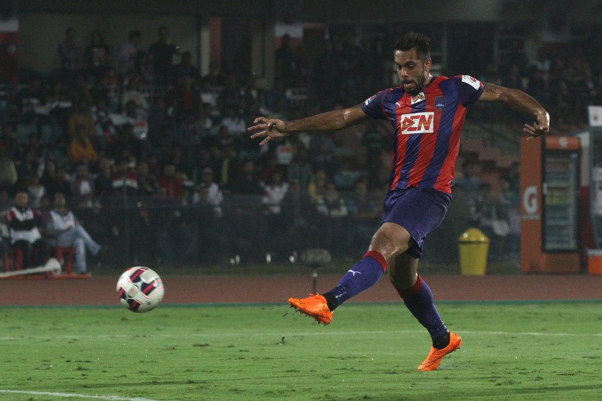 Robin Singh of Delhi Dynamos FC takes a shot and scores the opening goal during match 49 of the Indian Super League (ISL) season 2 between NorthEast United FC and Delhi Dynamos FC held at the Indira Gandhi Stadium, Guwahati, India on the 28th November 2015.

Photo by Shaun Roy / ISL/ SPORTZPICS