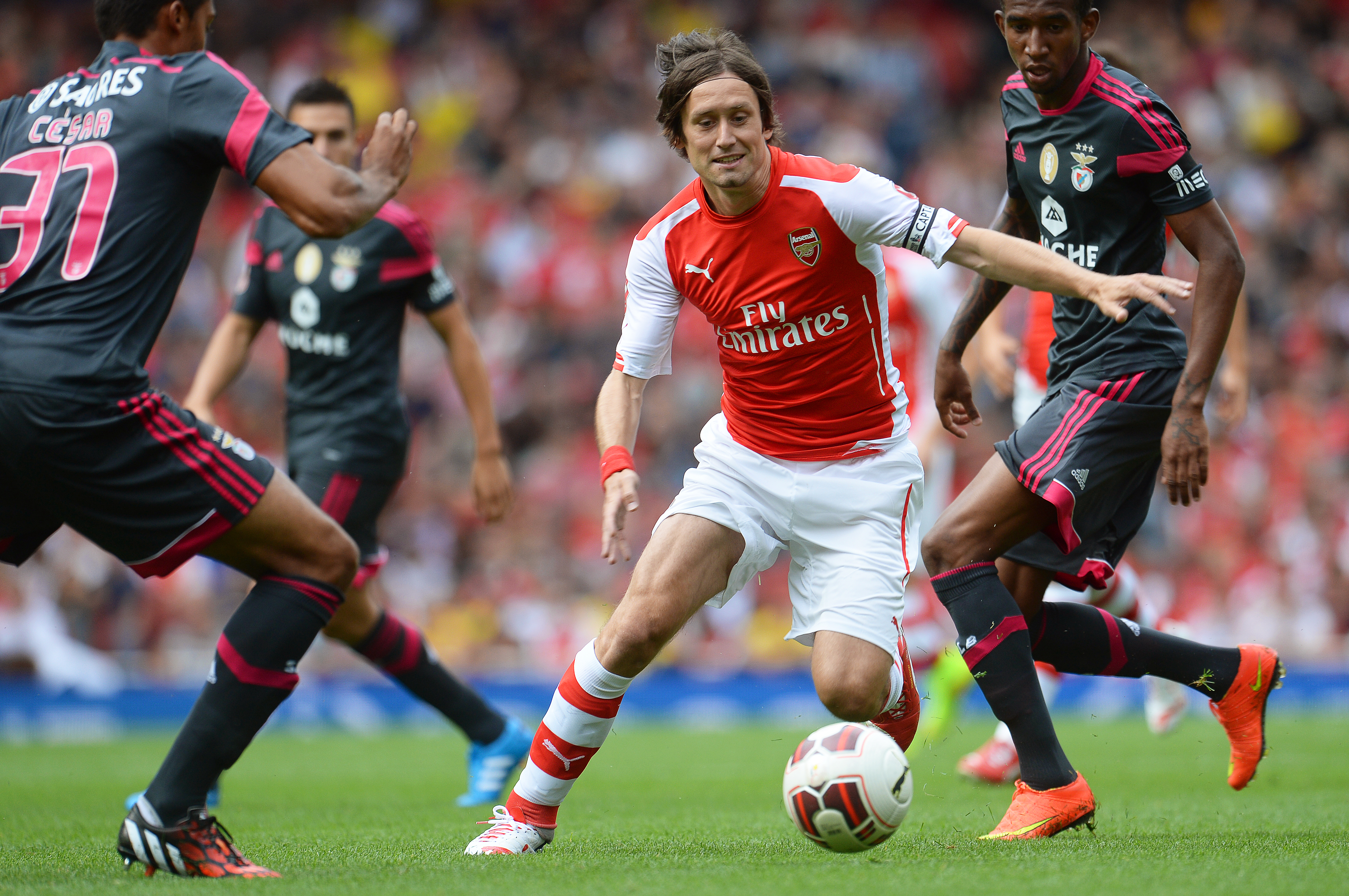 epa04338834 Tomas Rosicky (C) of Arsenal in action during the Emirates Cup soccer match between Arsenal FC and Benfica Lisbon in London, Britain, 02 August 2014. The Emirates Cup is a pre-season friendly tournament played between Arsenal FC, Valencia CF, AS Monaco and Benfica.  EPA/ANDY RAIN