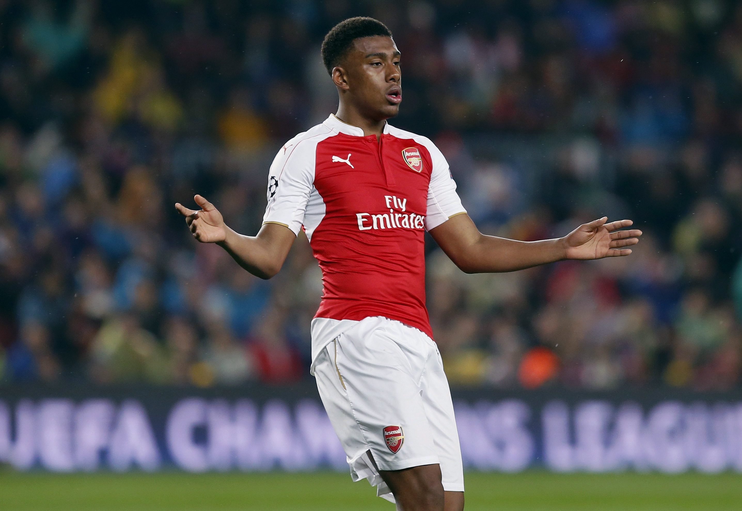 Arsenal FC'S Nigerian striker Alex Iwobi regrets a missed opportunity against FC Barcelona during their UEFA Champions League's round of 16 second leg match against Arsenal FC played at Camp Nou stadium in Barcelona, Spain, 16 March 2016.  (Photo by Andreu Dalmau/EPA)