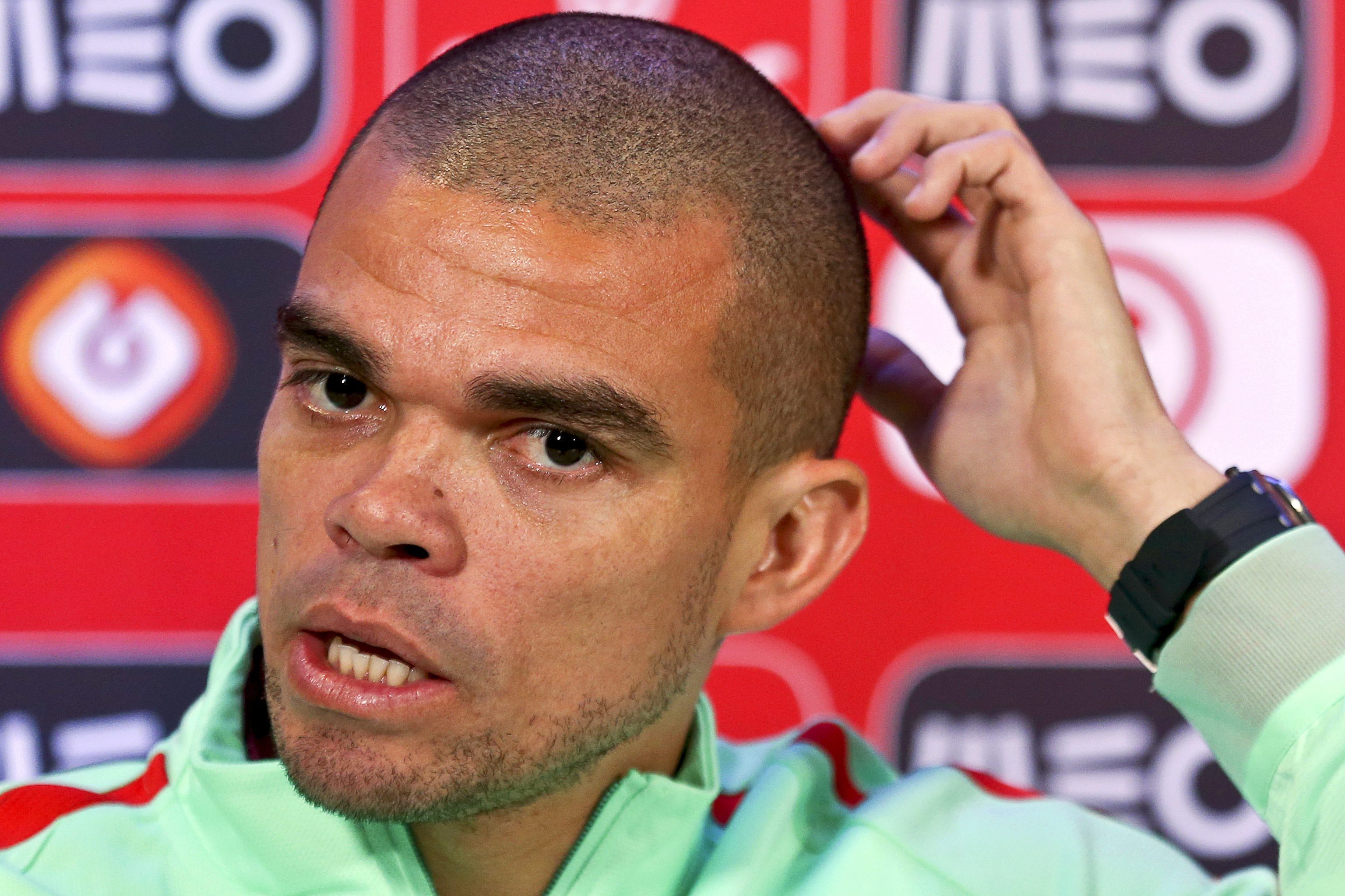 epa05229456 Portuguese national soccer team defender Pepe speaks during a press conference at the Restelo stadium in Lisbon, Portugal, 24 March 2016. Portugal will face Bulgaria in an international friendly soccer match on 25 March 2016.  EPA/ANTONIO COTRIM