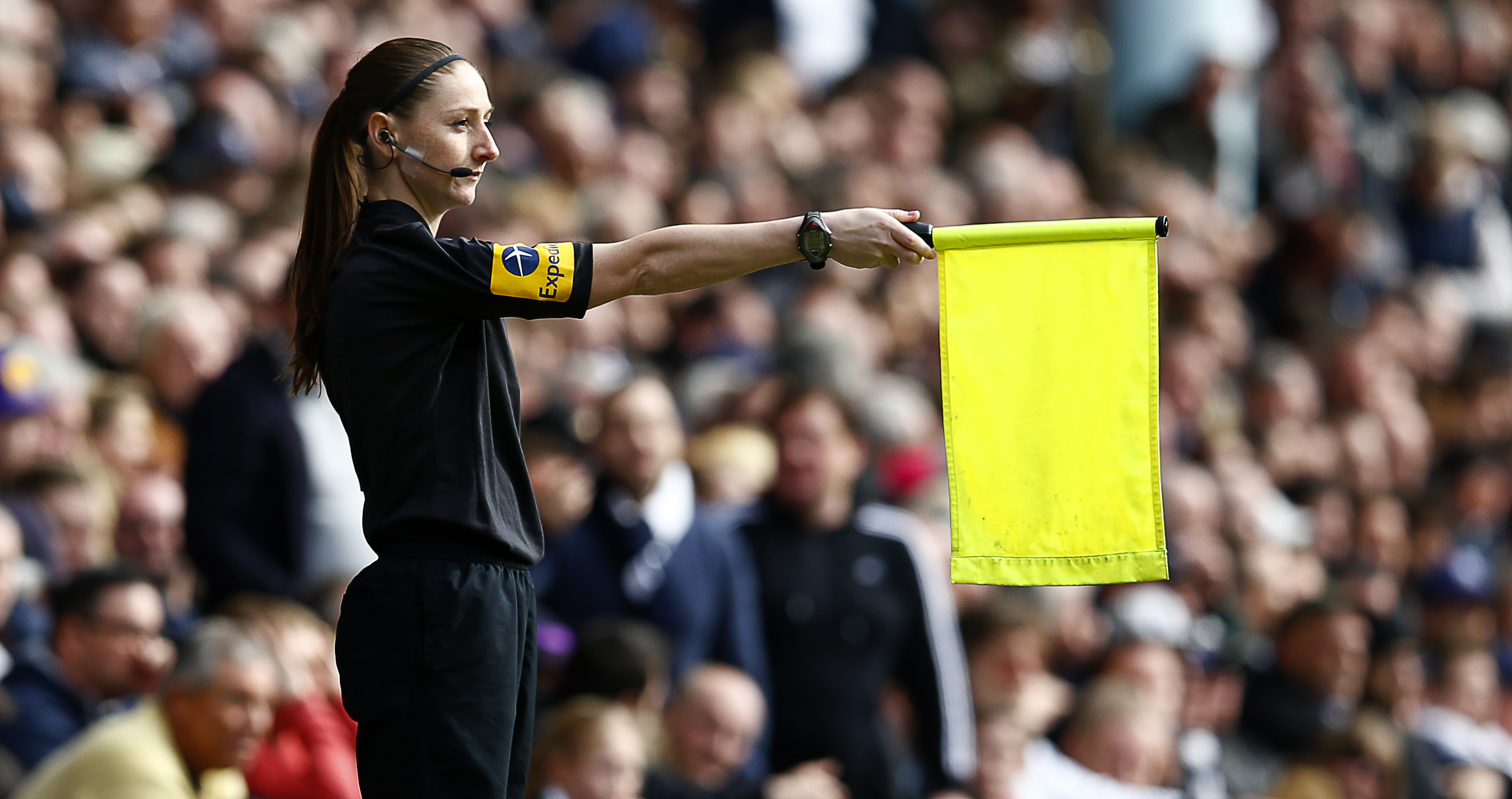 epa03652888 Female assistant referee Sian Massey waves the flag during the English Premier League soccer match between Tottenham Hotspur and Everton at the White Hart Lane in London, Britain, 07 April 2013. The match ended 2-2.  EPA/KERIM OKTEN DataCo terms and conditions apply. https://www.epa.eu/downloads/DataCo-TCs.pdf