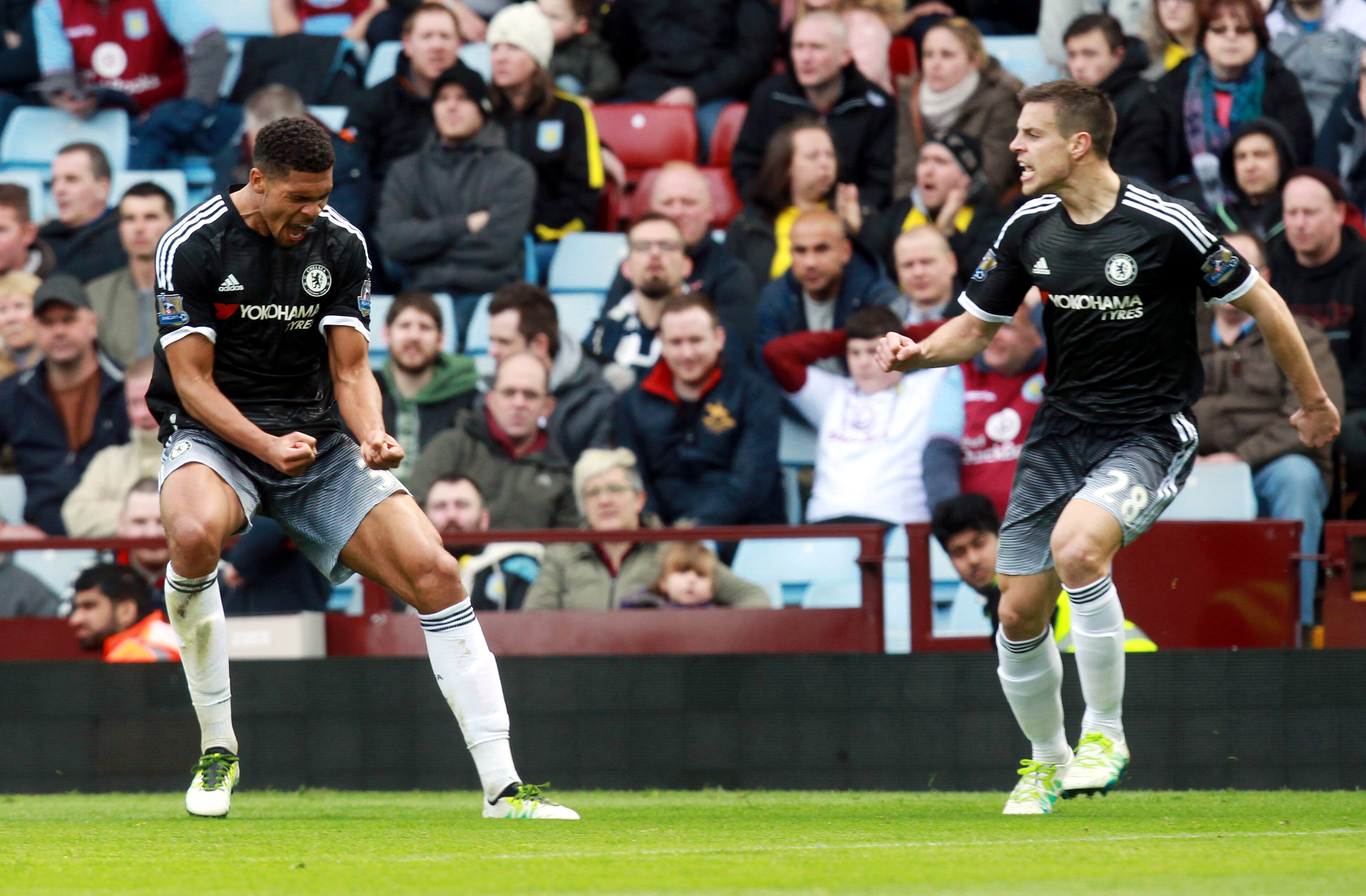 epa05240583 Chelsea's Ruben Loftus-Cheek (L) celebrates his goal with team-mate Cesar Azpilicueta during the English Premier League match between Aston Villa and Chelsea at Villa Park in Birmingham, Britain, 02 April 2016.  EPA/SEAN DEMPSEY EDITORIAL USE ONLY. No use with unauthorized audio, video, data, fixture lists, club/league logos or 'live' services. Online in-match use limited to 75 images, no video emulation. No use in betting, games or single club/league/player publications.