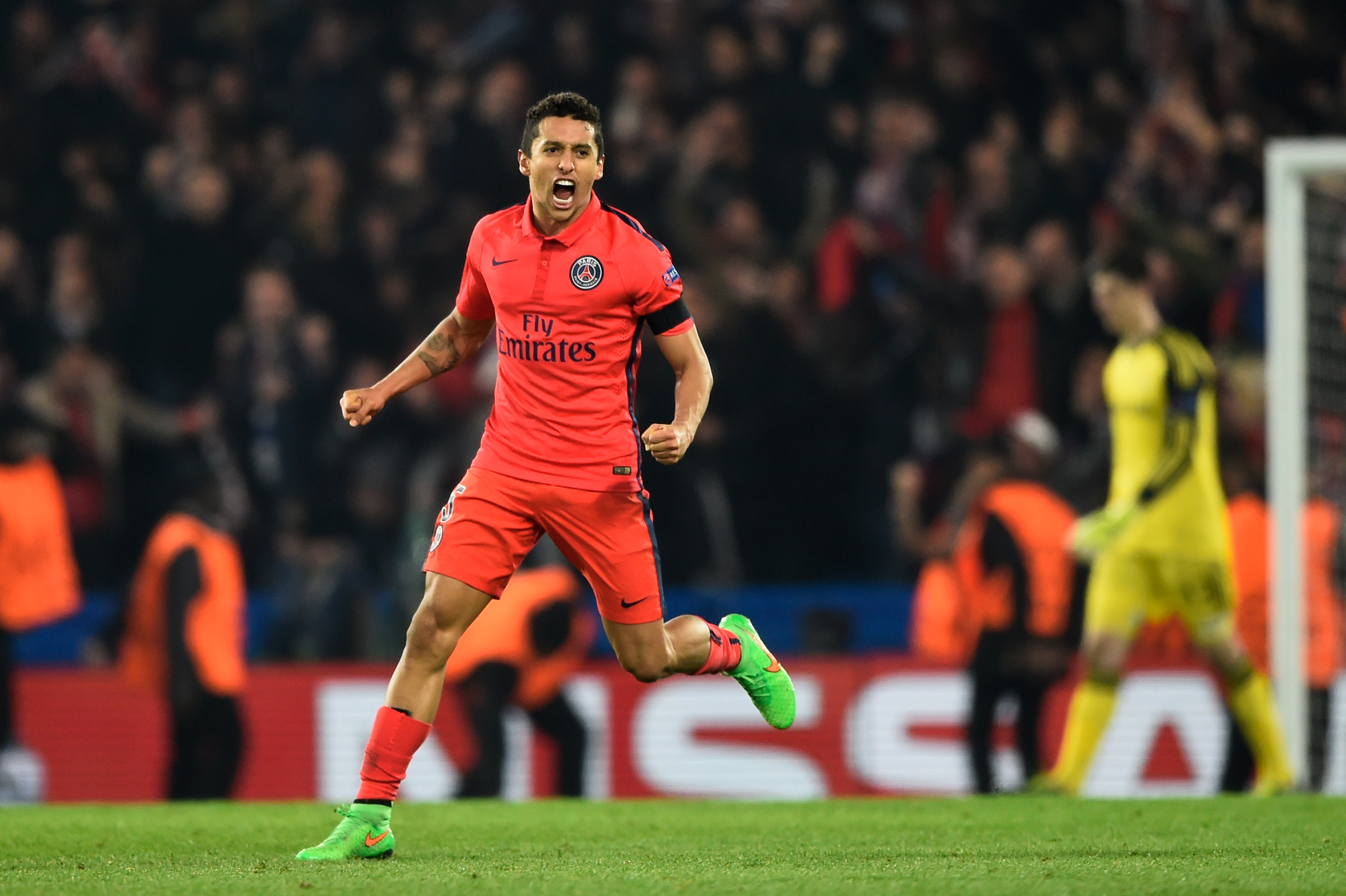 LONDON, ENGLAND - MARCH 11:  Marquinhos of PSG celebrates following his team's victory during the UEFA Champions League Round of 16, second leg match between Chelsea and Paris Saint-Germain at Stamford Bridge on March 11, 2015 in London, England.  (Photo by Mike Hewitt/Getty Images)