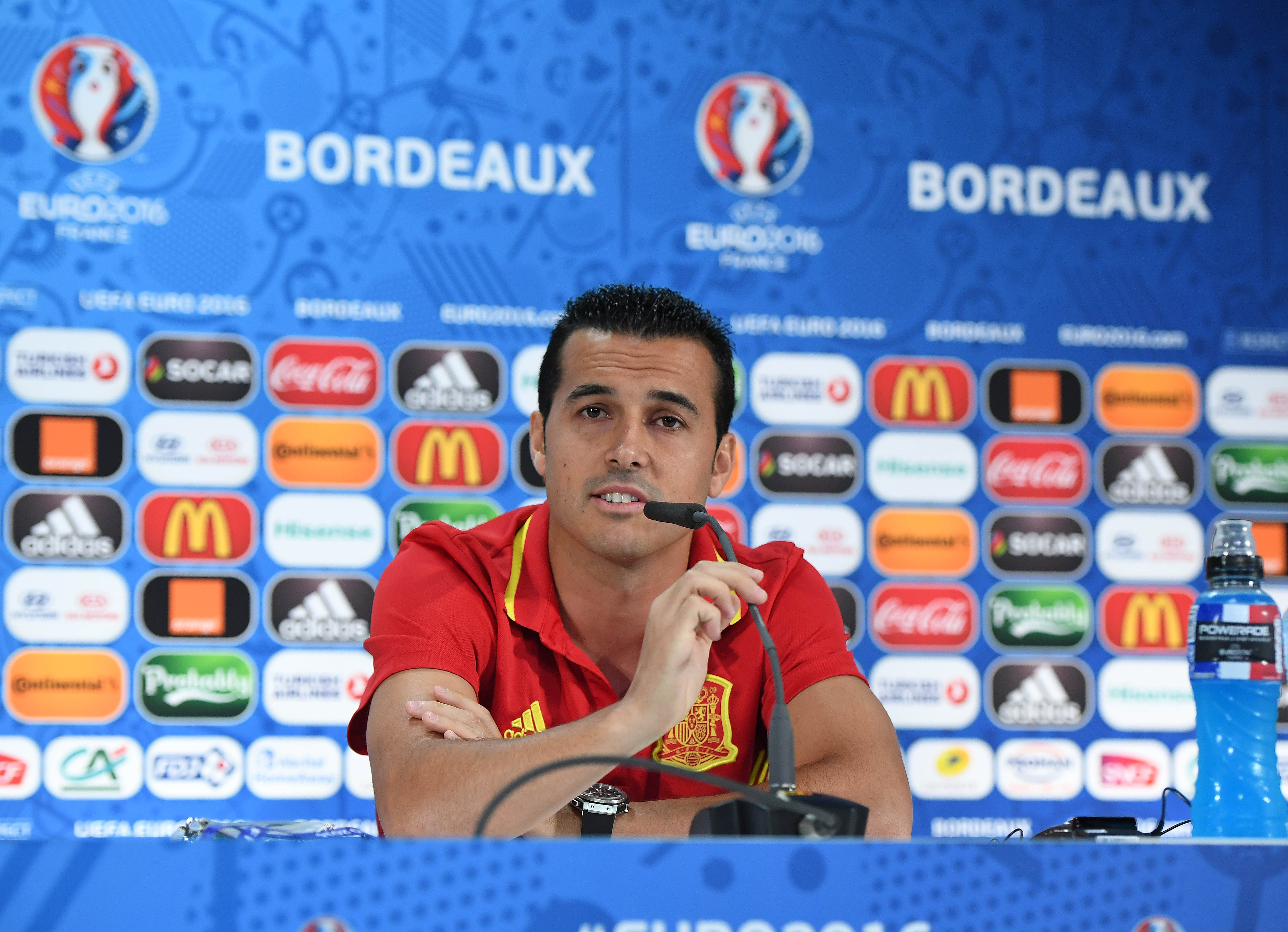 BORDEAUX, FRANCE - JUNE 20: In this handout image provided by UEFA, Pedro of Spain answers questions from the media during a press conferencev on June 20, 2016 in Bordeaux, France. (Photo by Handout/UEFA via Getty Images)