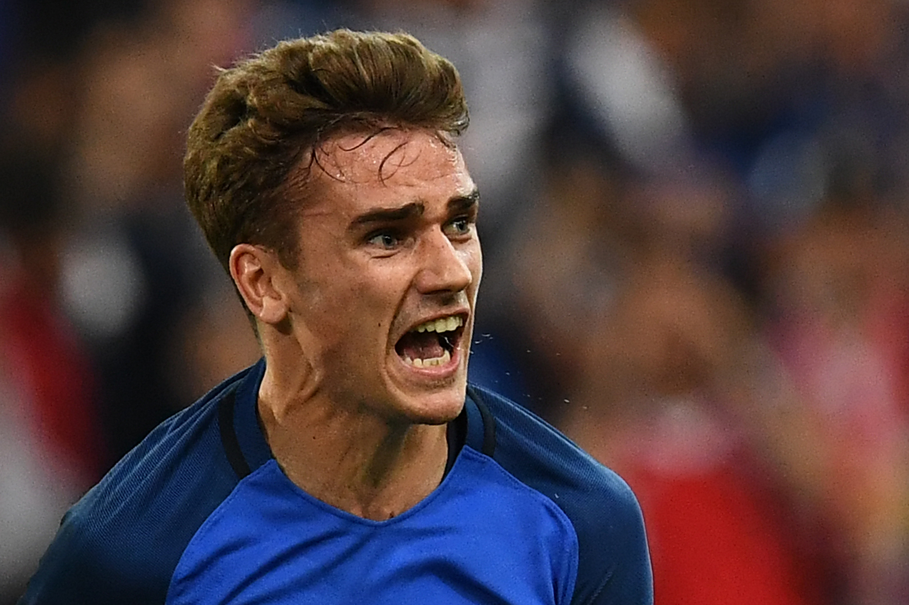 France's forward Antoine Griezmann celebrates a goal during the Euro 2016 group A football match between France and Albania at the Velodrome stadium in Marseille on June 15, 2016.
France beat Albania 2-0. / AFP / FRANCK FIFE        (Photo credit should read FRANCK FIFE/AFP/Getty Images)