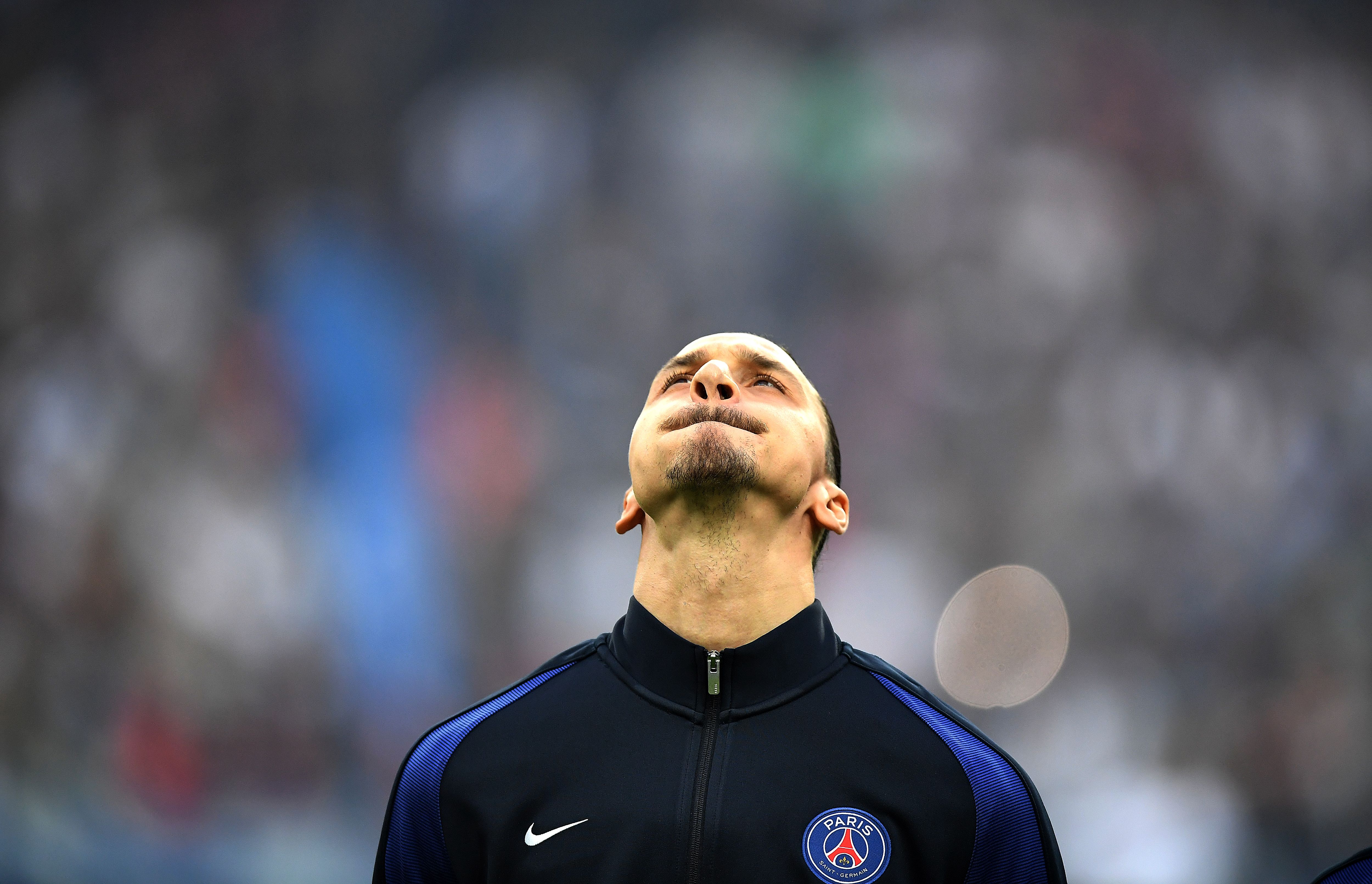 Paris Saint-Germain's Swedish forward Zlatan Ibrahimovic reacts prior to the French Cup final football match beween Marseille (OM) and Paris Saint-Germain (PSG) on May 21, 2016 at the Stade de France  in Saint-Denis, north of Paris.  AFP PHOTO / FRANCK FIFE / AFP / FRANCK FIFE        (Photo credit should read FRANCK FIFE/AFP/Getty Images)