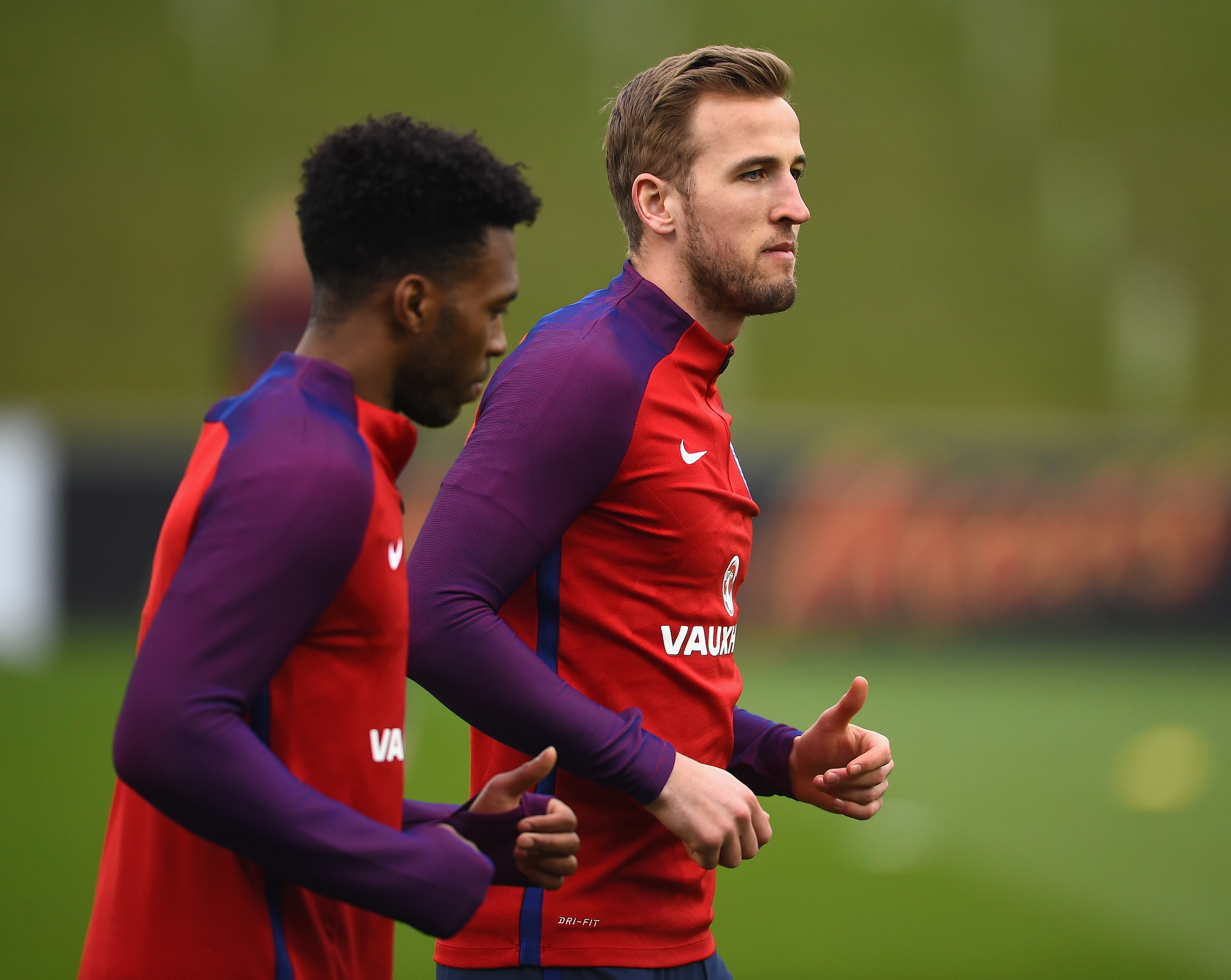 BURTON-UPON-TRENT, ENGLAND - MARCH 22: Harry Kane of England trains with Daniel Sturridge during England Training Session and Press Conference at St Georges Park on March 22, 2016 in Burton-upon-Trent, England.  (Photo by Laurence Griffiths/Getty Images)