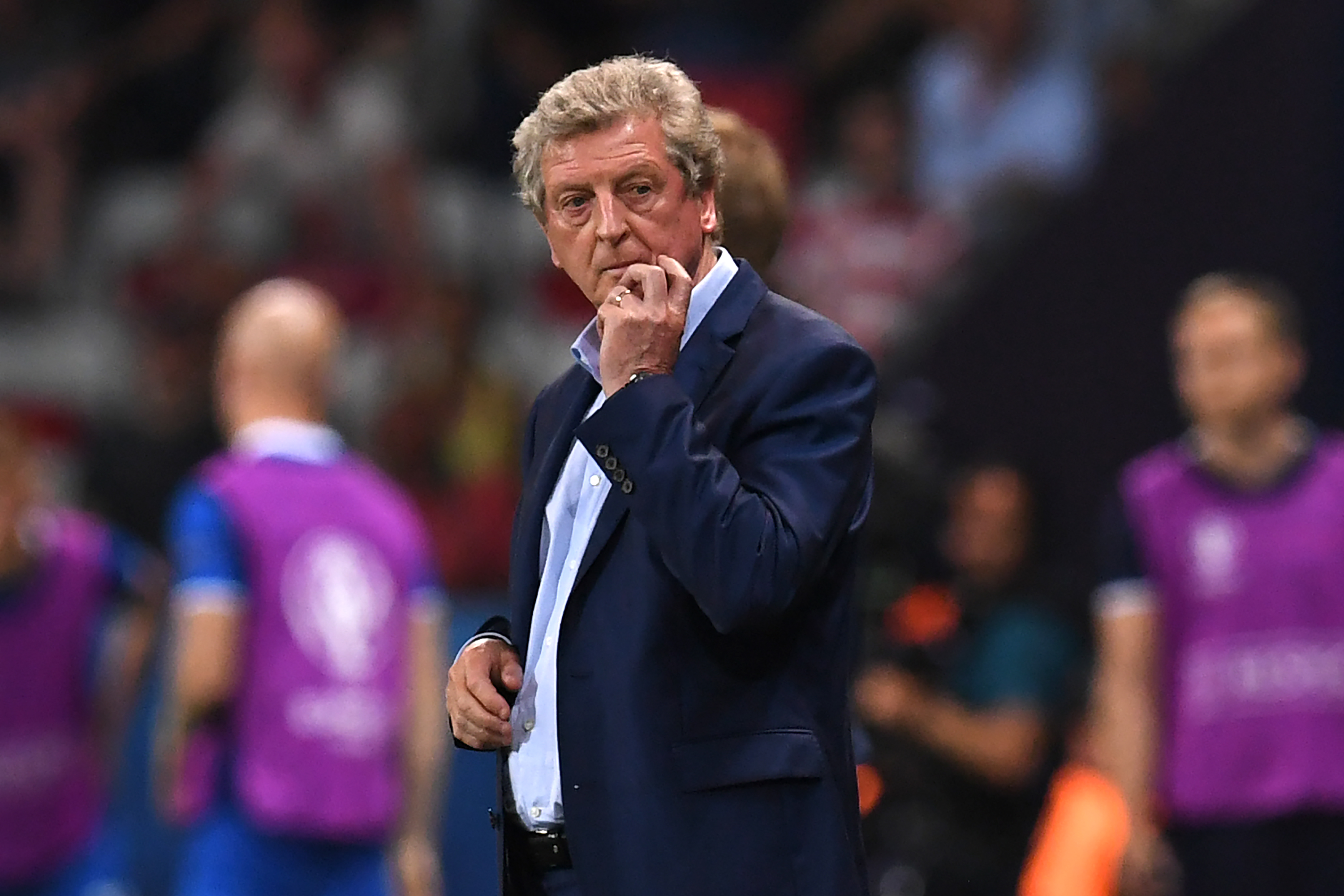 England's coach Roy Hodgson reacts during Euro 2016 round of 16 football match between England and Iceland at the Allianz Riviera stadium in Nice on June 27, 2016.   / AFP / PAUL ELLIS        (Photo credit should read PAUL ELLIS/AFP/Getty Images)