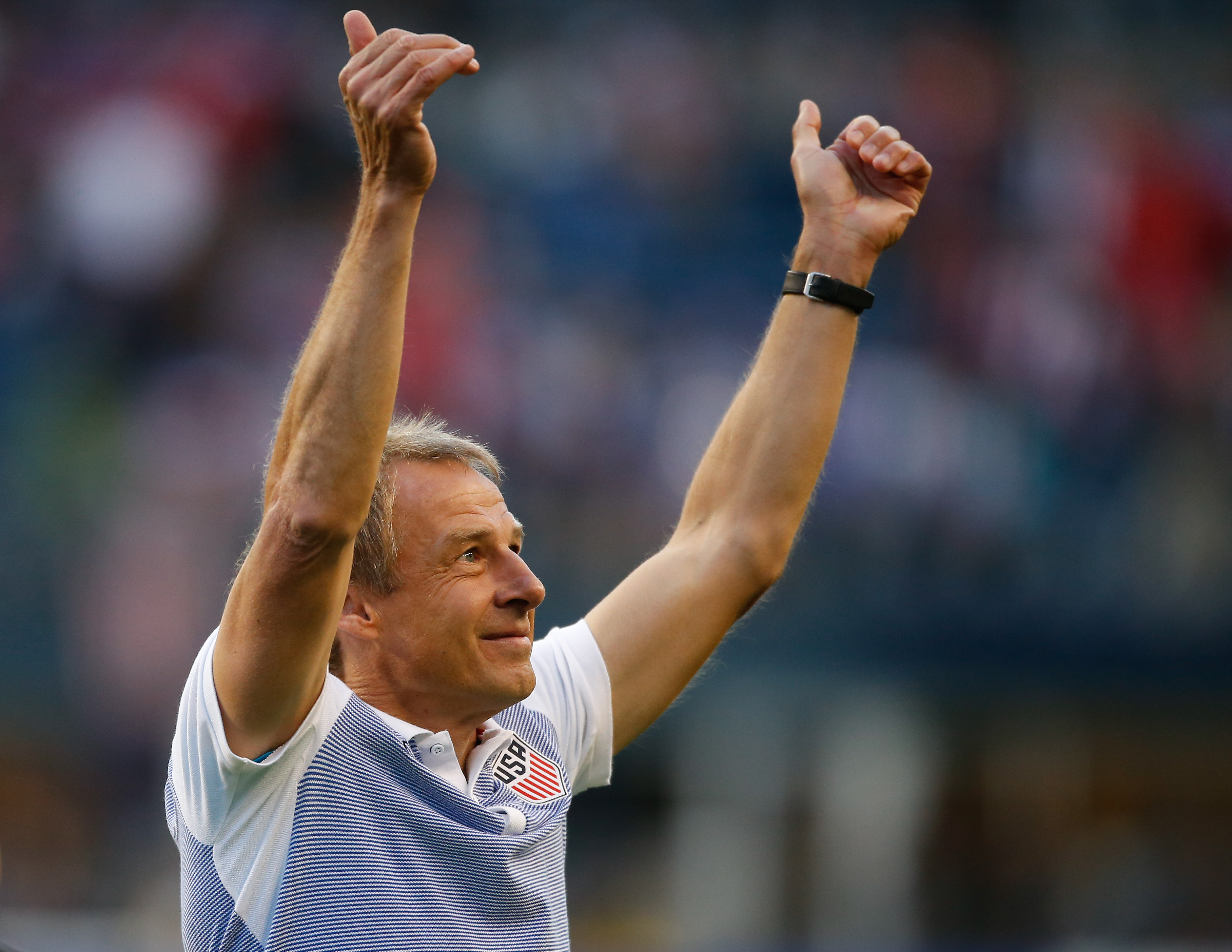 SEATTLE, WA - JUNE 16:  Head coach Jurgen Klinsmann of the United States gestures as he walks off the pitch after defeating Ecuador in the 2016 Quarterfinal - Copa America Centenario match at CenturyLink Field on June 16, 2016 in Seattle, Washington.  (Photo by Otto Greule Jr/Getty Images)
