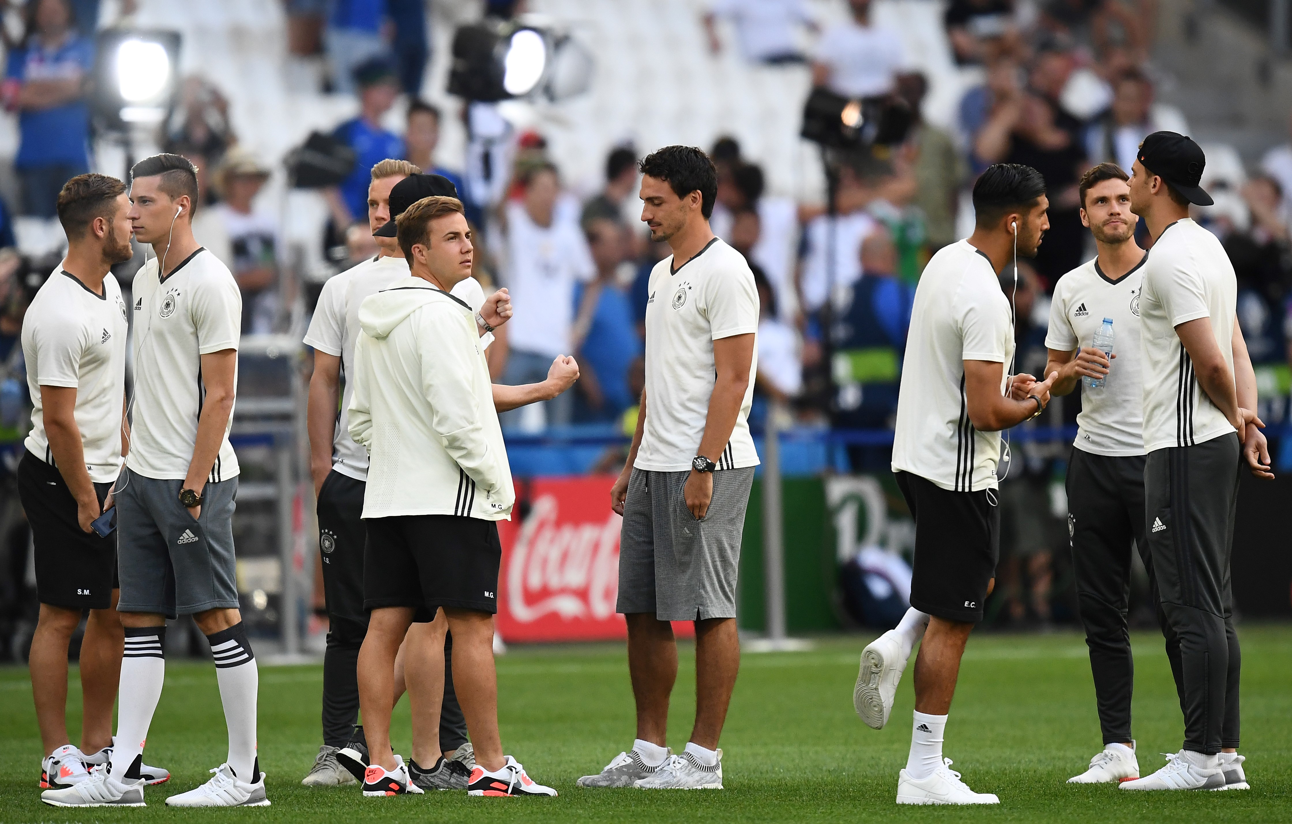 From left : Germany's midfielder Julian Draxler, forward Mario Goetze, defender Mats Hummels, defender Emre Can, defender Jonas Hector and midfielder Julian Weigl stand on the pitch prior to the start of the Euro 2016 semi-final football match between Germany and France at the Stade Velodrome in Marseille on July 7, 2016.
 / AFP / FRANCK FIFE        (Photo credit should read FRANCK FIFE/AFP/Getty Images)