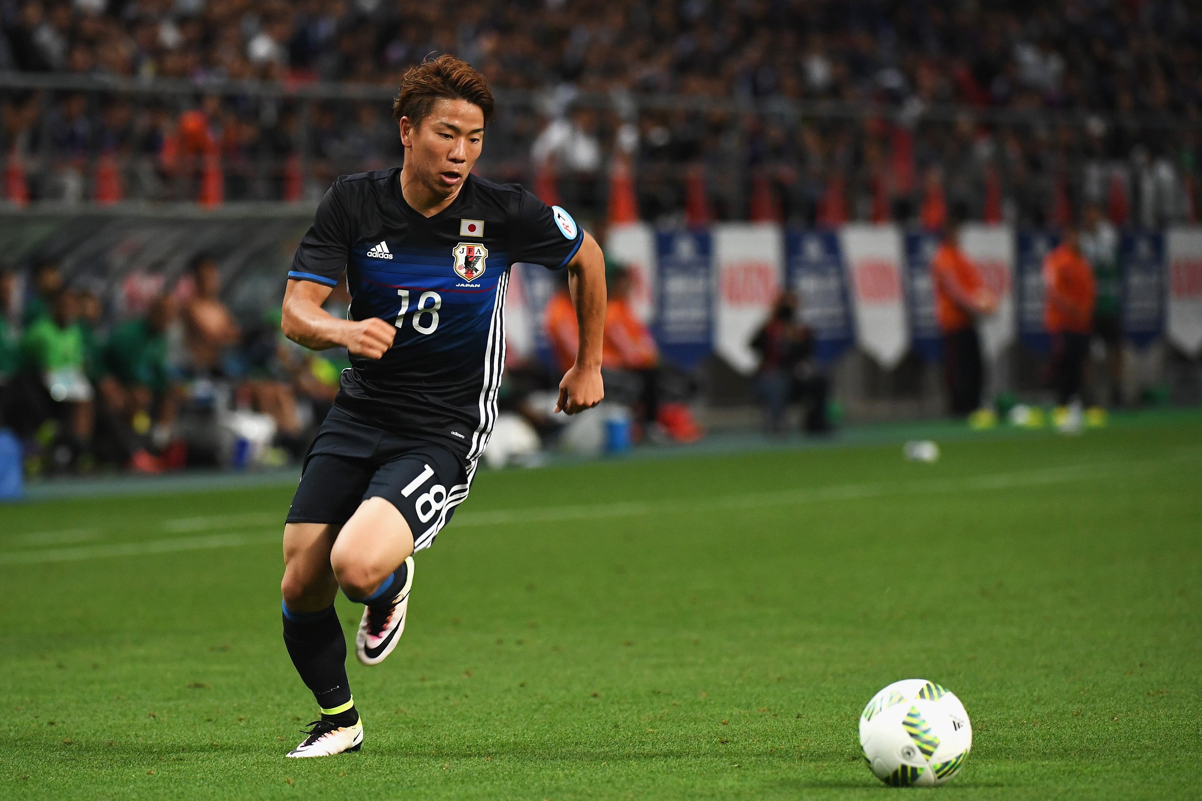 TOYOTA, JAPAN - JUNE 03:  Takuma Asano of Japan in action during the international friendly match between Japan and Bulgaria at the Toyota Stadium on June 3, 2016 in Toyota, Aichi, Japan.  (Photo by Kaz Photography/Getty Images)