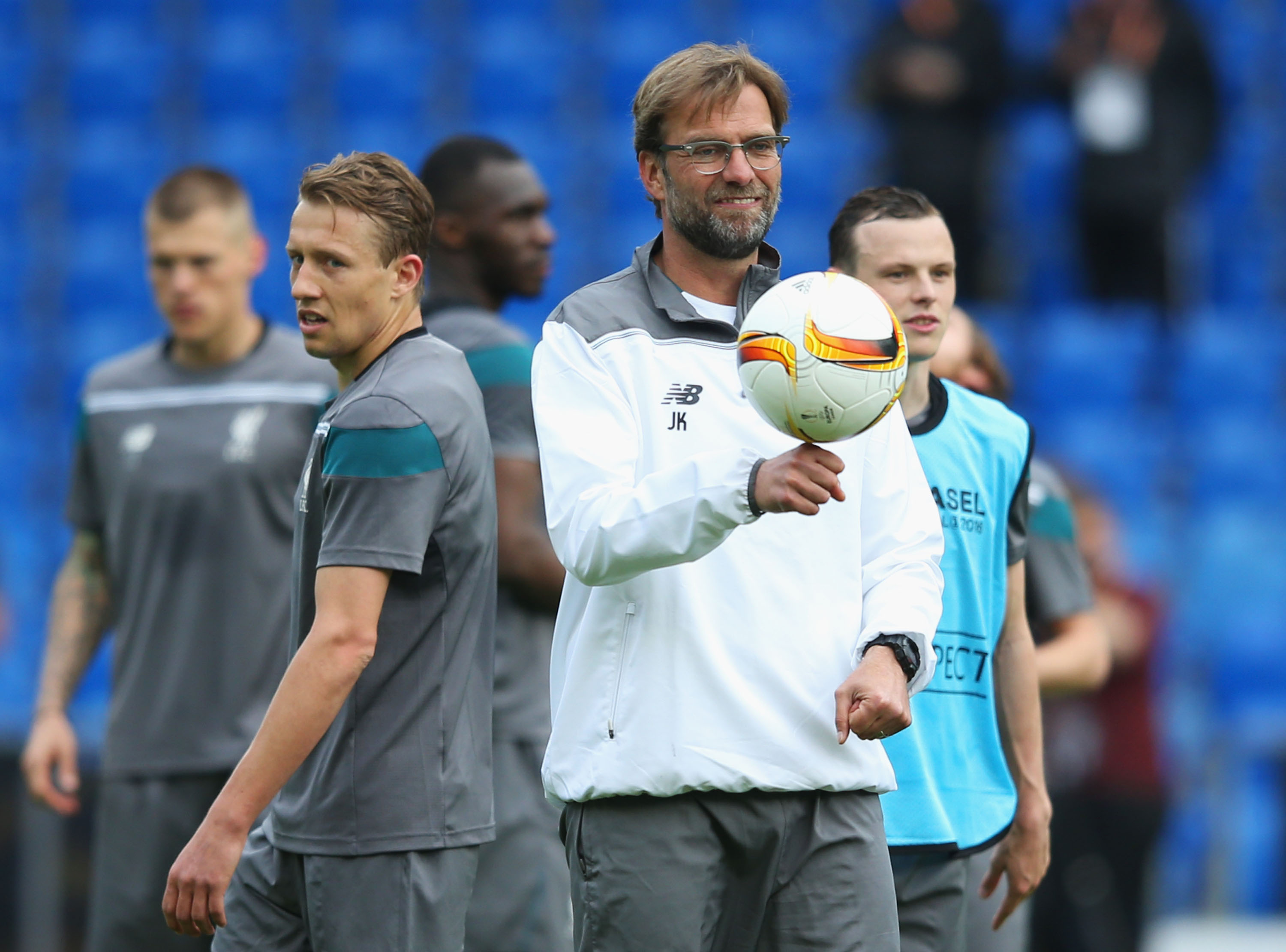 BASEL, SWITZERLAND - MAY 17:  Jurgen Klopp, manager of Liverpool looks on with Lucas Leiva during a Liverpool training session on the eve of the UEFA Europa League Final against Sevilla at St. Jakob-Park on May 17, 2016 in Basel, Switzerland.  (Photo by Lars Baron/Getty Images)