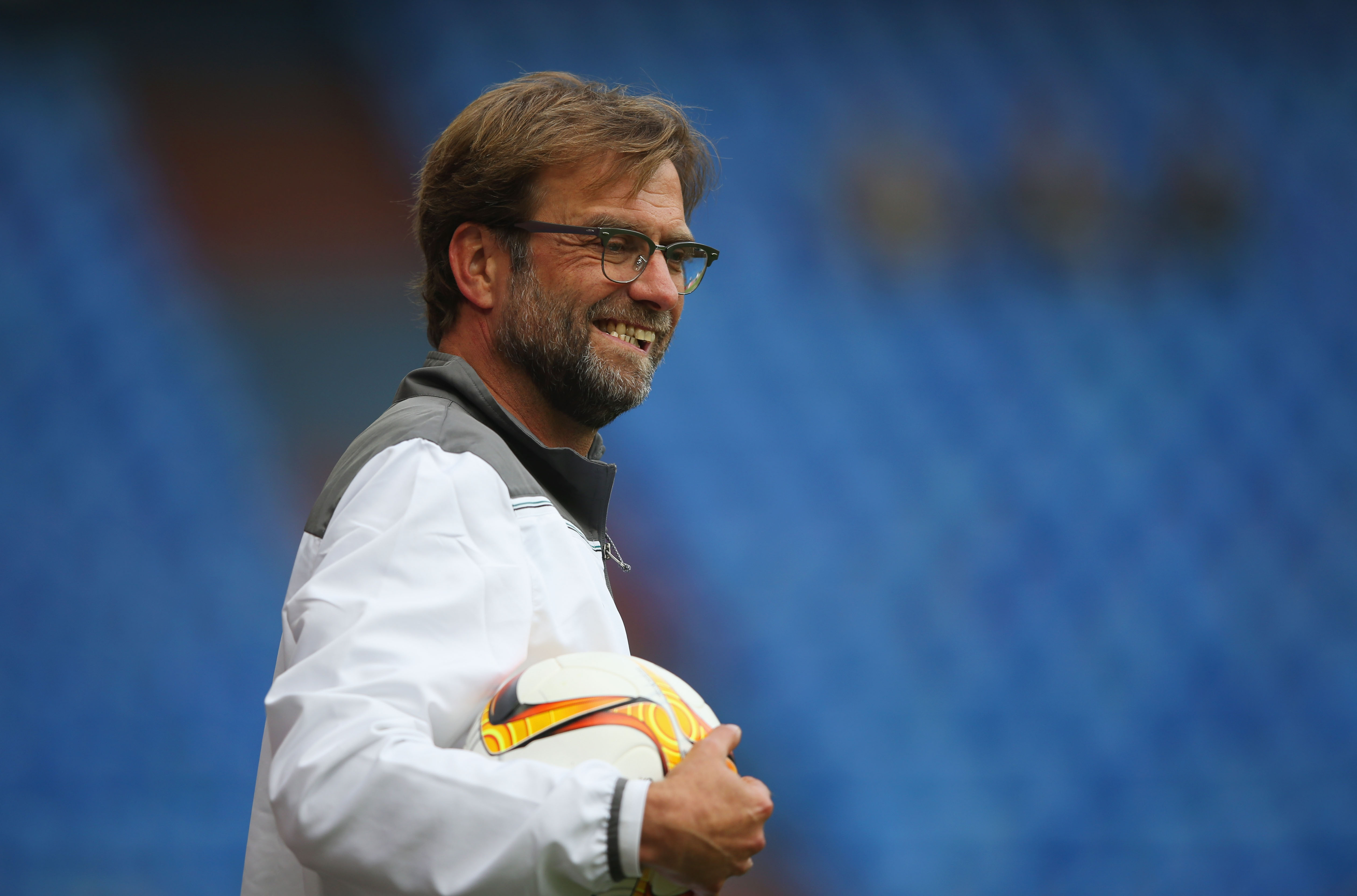 BASEL, SWITZERLAND - MAY 17:  Jurgen Klopp, manager of Liverpool smiles during a Liverpool training session on the eve of the UEFA Europa League Final against Sevilla at St. Jakob-Park on May 17, 2016 in Basel, Switzerland.  (Photo by Lars Baron/Getty Images)