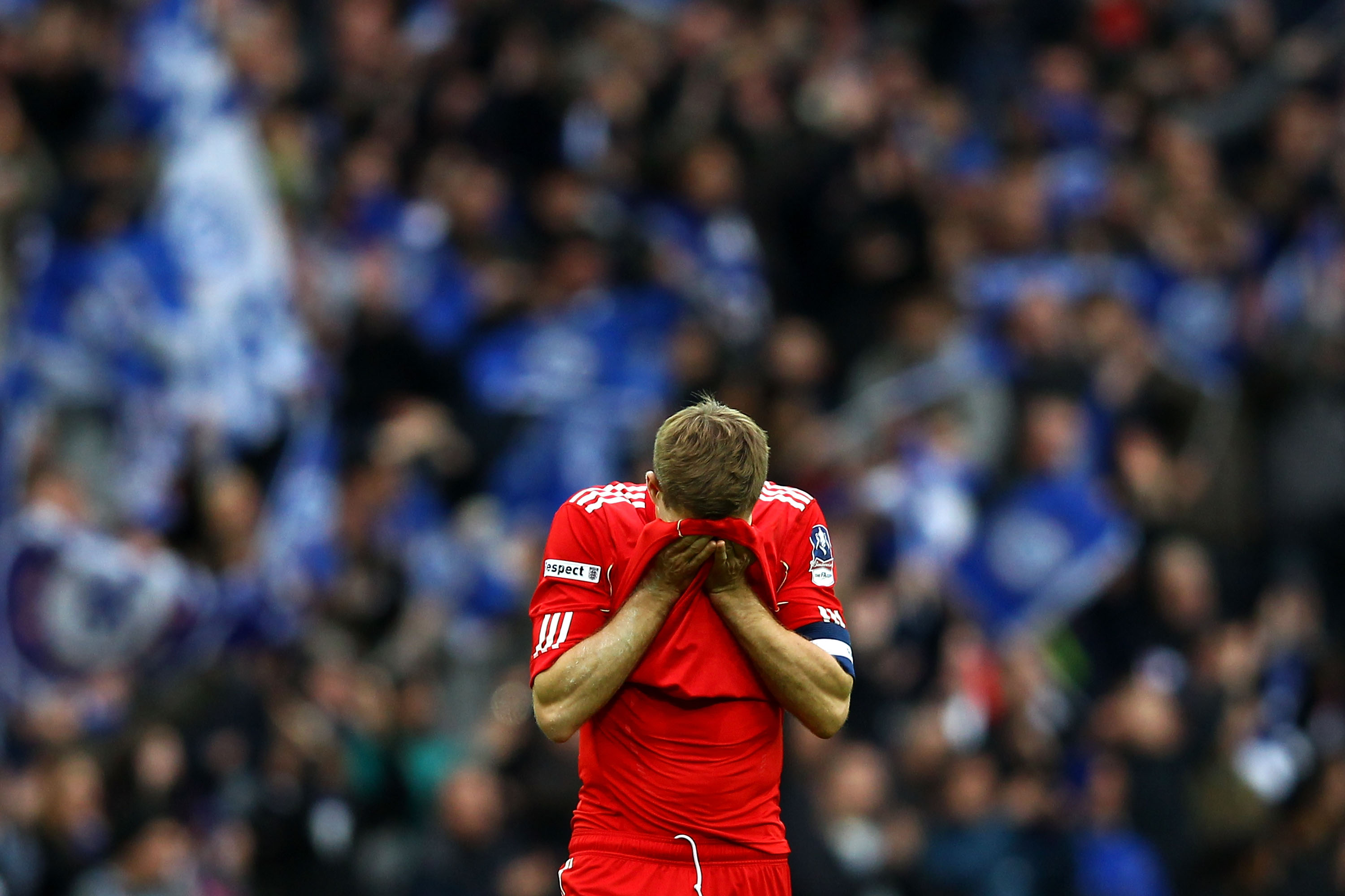 LONDON, ENGLAND - MAY 05:  Steven Gerrard of Liverpool reacts at the final whistle during the FA Cup with Budweiser Final match between Liverpool and Chelsea at Wembley Stadium on May 5, 2012 in London, England.  (Photo by Clive Brunskill/Getty Images)