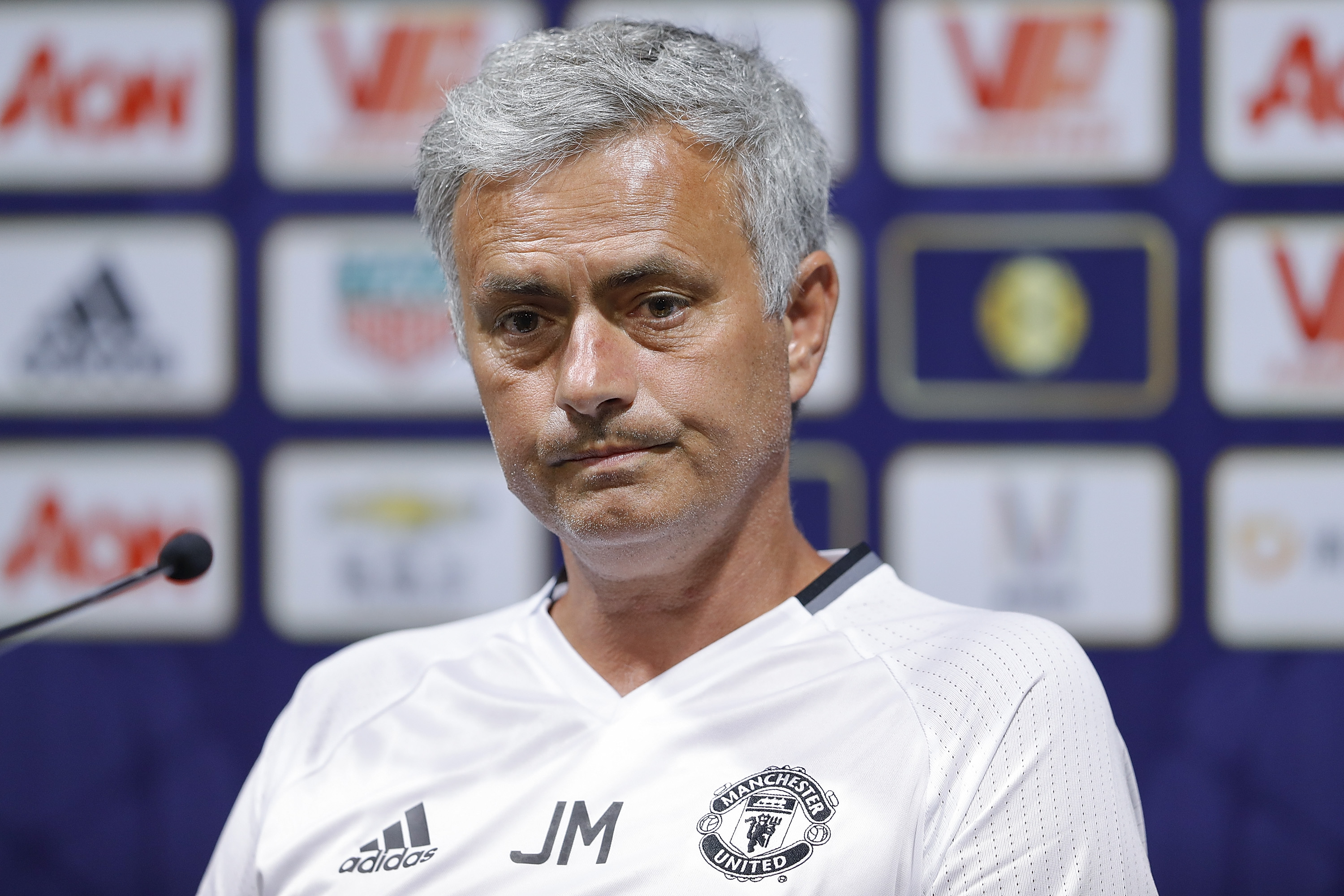 SHANGHAI, CHINA - JULY 21:  Manager Jose Mourinho of Manchester United looks on during a press conference as part of their pre-season tour of China at Shanghai Stadium on July 21, 2016 in Shanghai, China.  (Photo by Lintao Zhang/Getty Images)