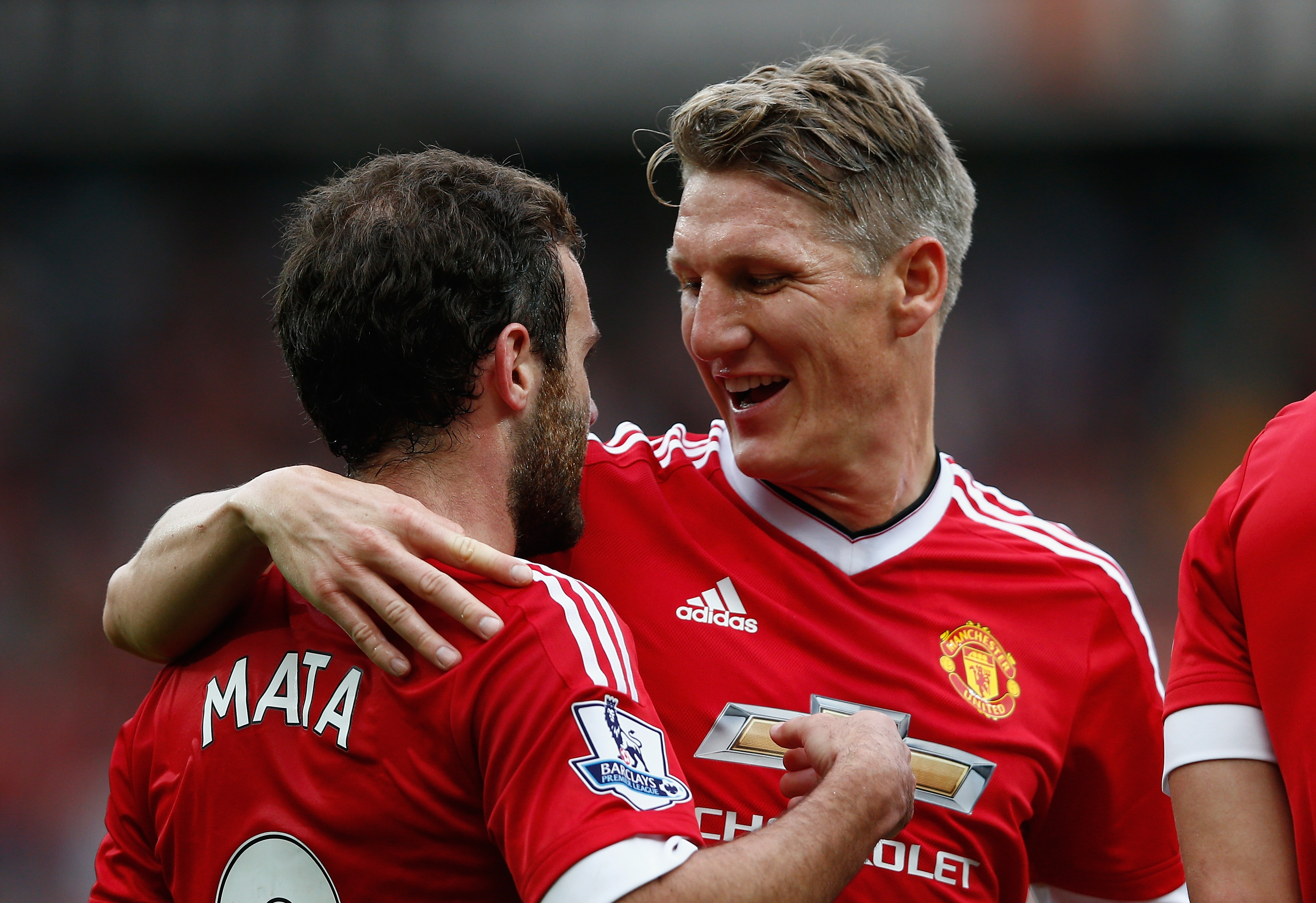 MANCHESTER, ENGLAND - SEPTEMBER 26:  Juan Mata (L) of Manchester United celebrates scoring his team's third goal with his team mate Bastian Schweinsteiger (R) during the Barclays Premier League match between Manchester United and Sunderland at Old Trafford on September 26, 2015 in Manchester, United Kingdom.  (Photo by Dean Mouhtaropoulos/Getty Images)