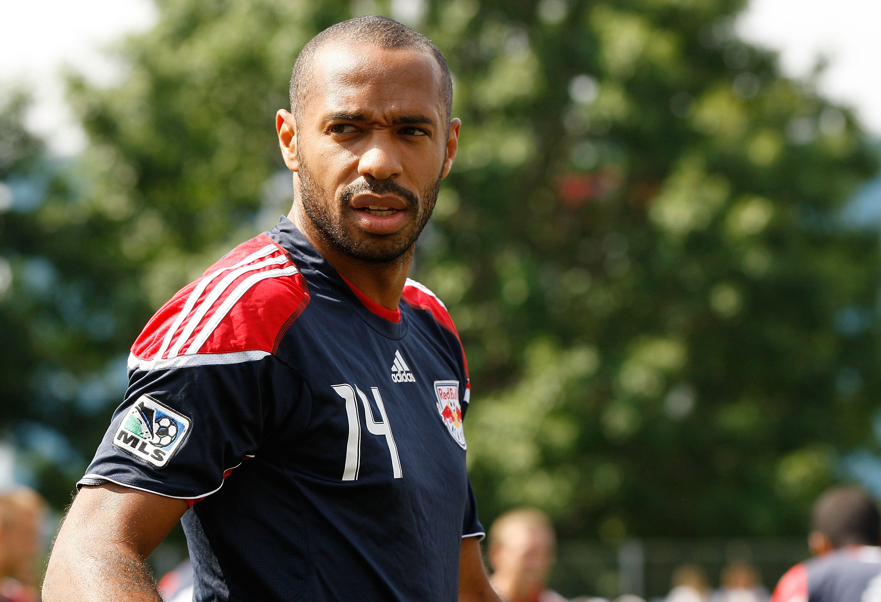 NEW YORK, NY - AUGUST 09:  Theirry Henry #14 of the New York Red Bulls during an open practise session on August 9, 2011 at Chelsea Waterside Park in New York City.  (Photo by Mike Stobe/Getty Images for New York Red Bulls)