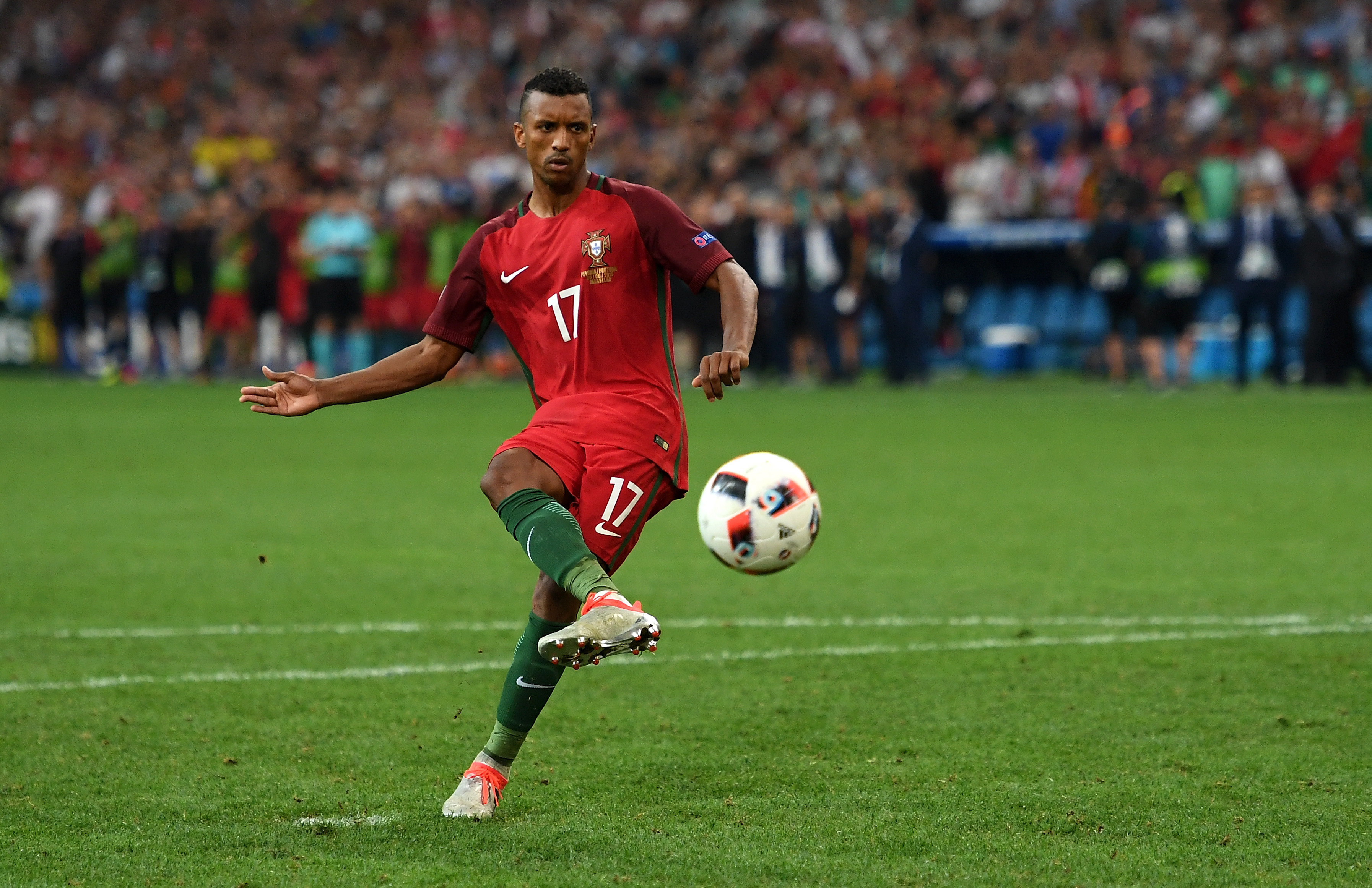 MARSEILLE, FRANCE - JUNE 30:  Nani of Portugal scores at the penalty shootout during the UEFA EURO 2016 quarter final match between Poland and Portugal at Stade Velodrome on June 30, 2016 in Marseille, France.  (Photo by Laurence Griffiths/Getty Images)