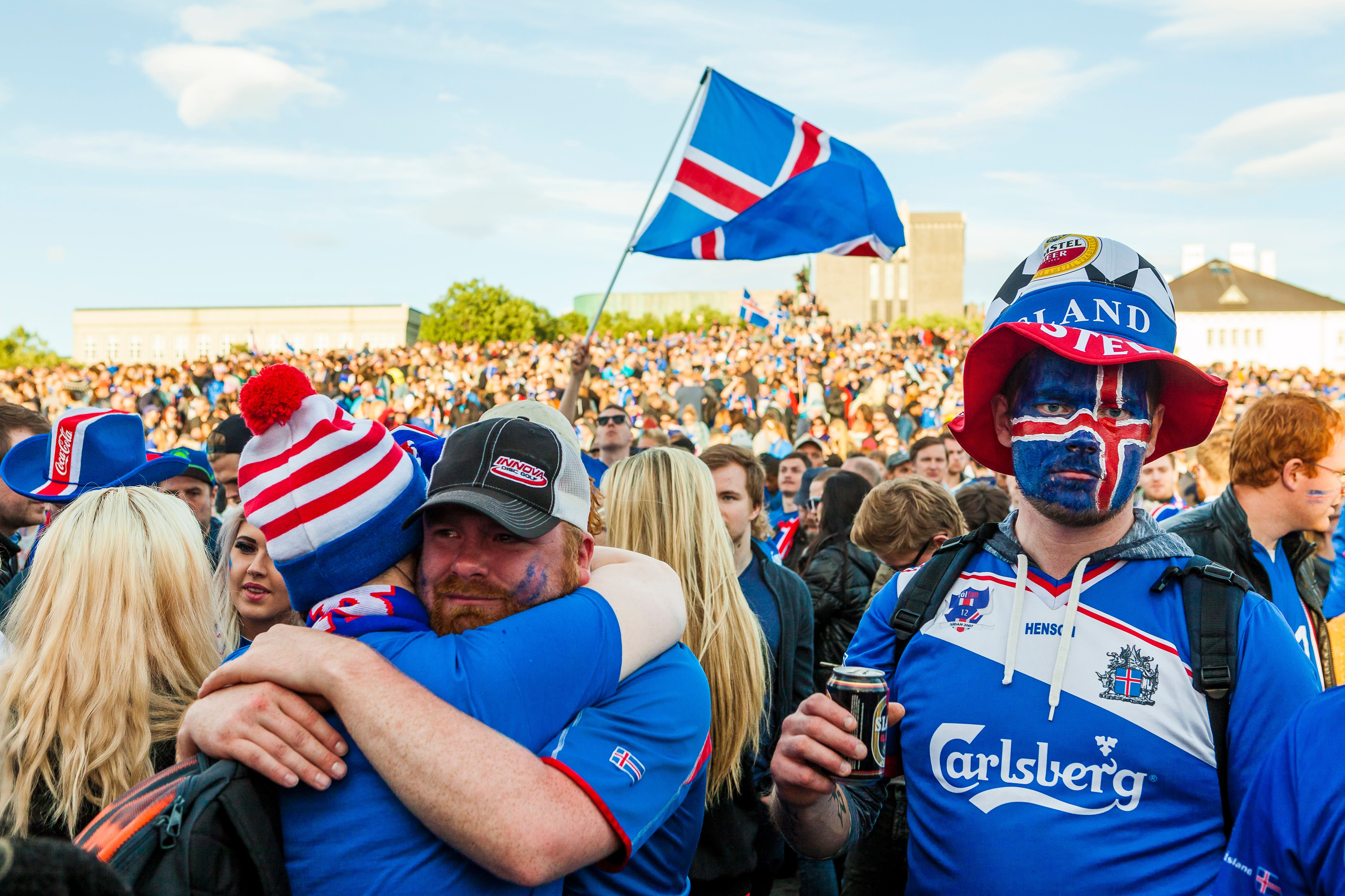 Iceland's fans react during the public screening of the quater final EURO 2016 football match against France, in Reykjavik, Iceland, on July 3, 2016.
The quarter final match played in Saint-Denis, near Paris. Iceland lost against France 2-5. / AFP / Karl Petersson        (Photo credit should read KARL PETERSSON/AFP/Getty Images)