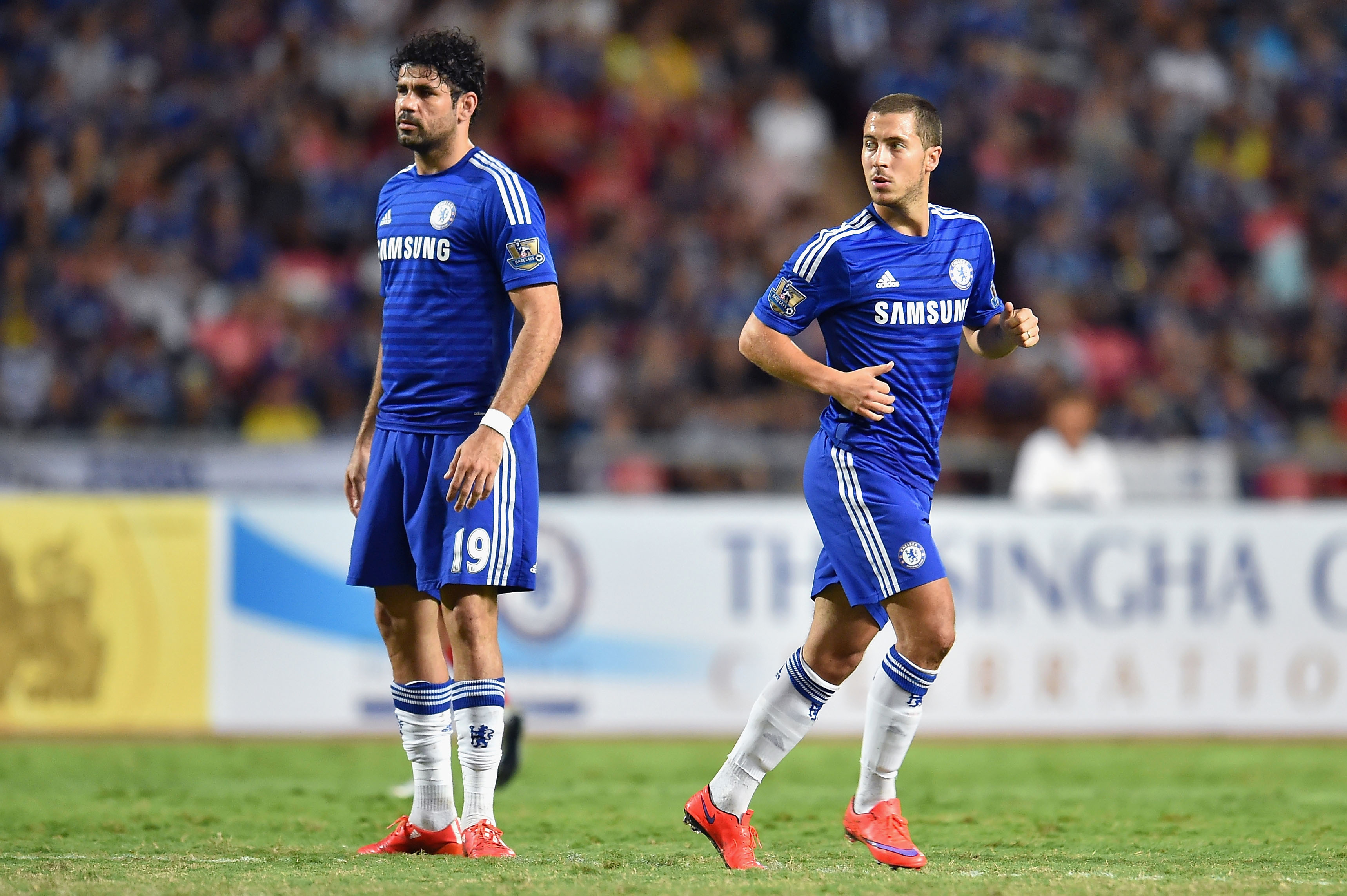 BANGKOK, THAILAND - MAY 30: Diego Costa #19 (L) and Eden Hazard (R) #10 of Chelsea FC poses during the international friendly match between Thailand All-Stars and Chelsea FC at Rajamangala Stadium on May 30, 2015 in Bangkok, Thailand.  (Photo by Thananuwat Srirasant/Getty Images)