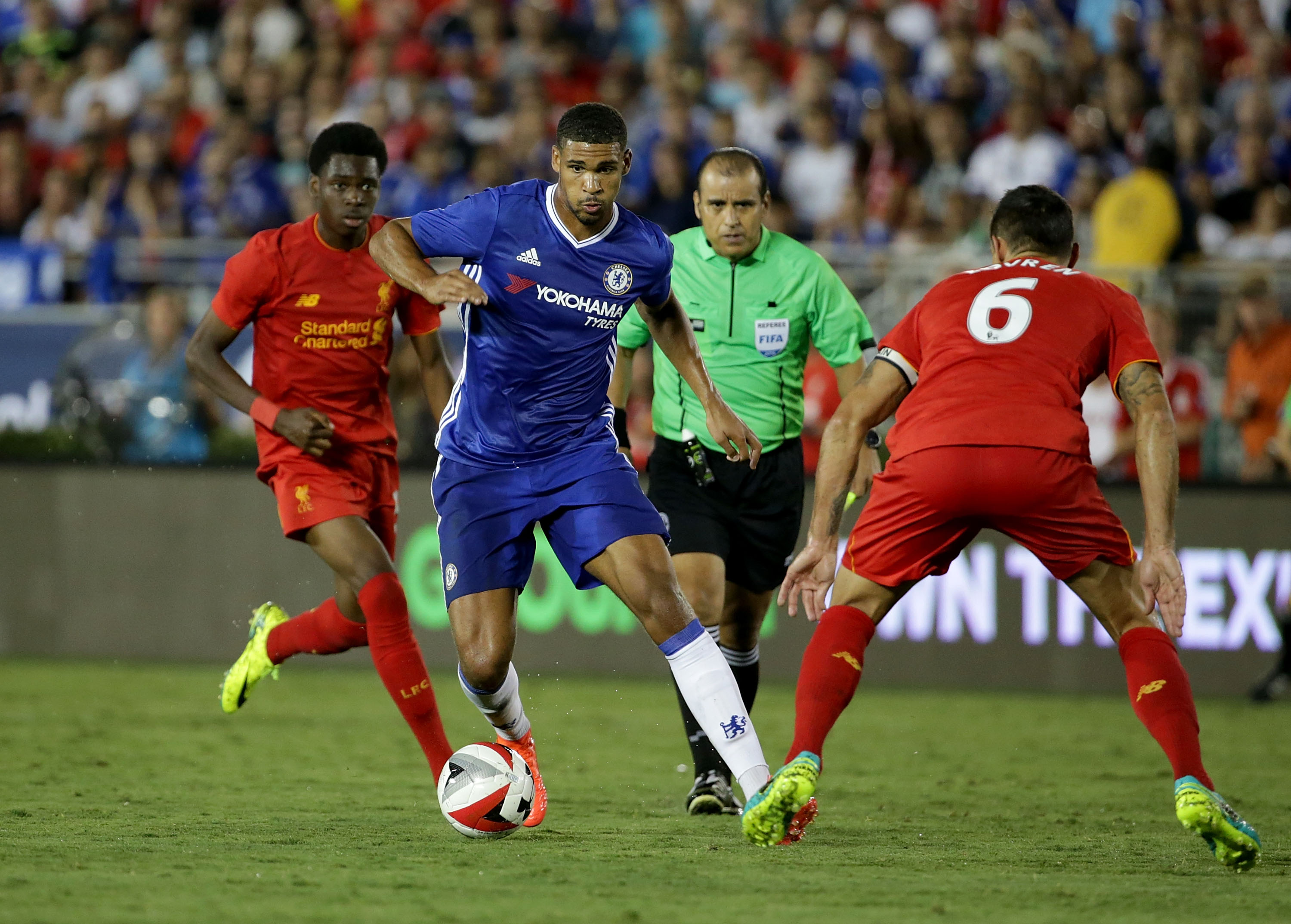 PASADENA, CA - JULY 27:  Ruben Loftus-Cheek #36 of Chelsea is defended by Dejan Lovren #6 of Liverpool during the 2016 International Champions Cup at Rose Bowl on July 27, 2016 in Pasadena, California.  (Photo by Jeff Gross/Getty Images)