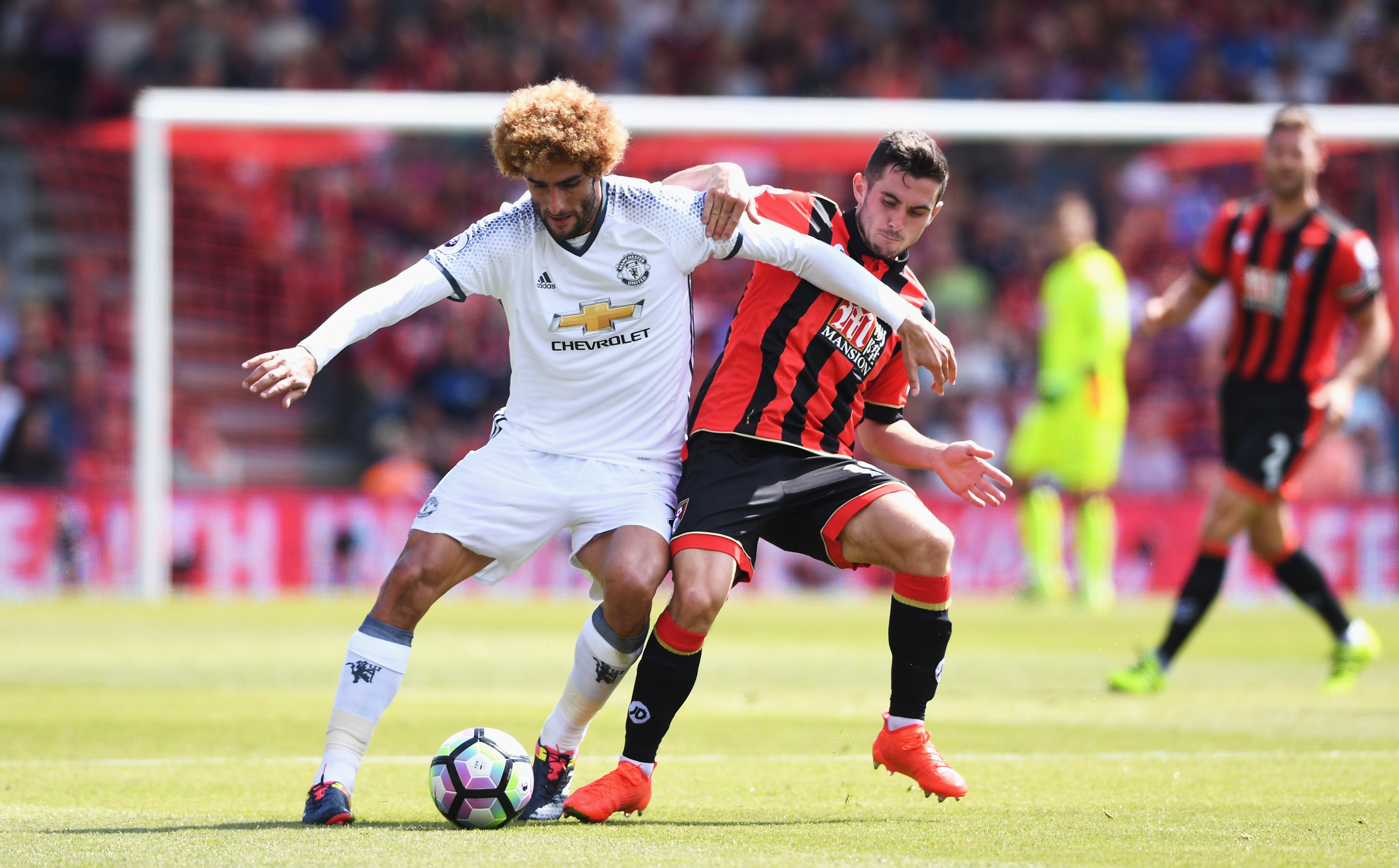 BOURNEMOUTH, ENGLAND - AUGUST 14: Marouane Fellaini of Manchester United is challenged by Lewis Cook of AFC Bournemouth during the Premier League match between AFC Bournemouth and Manchester United at Vitality Stadium on August 14, 2016 in Bournemouth, England.  (Photo by Stu Forster/Getty Images)