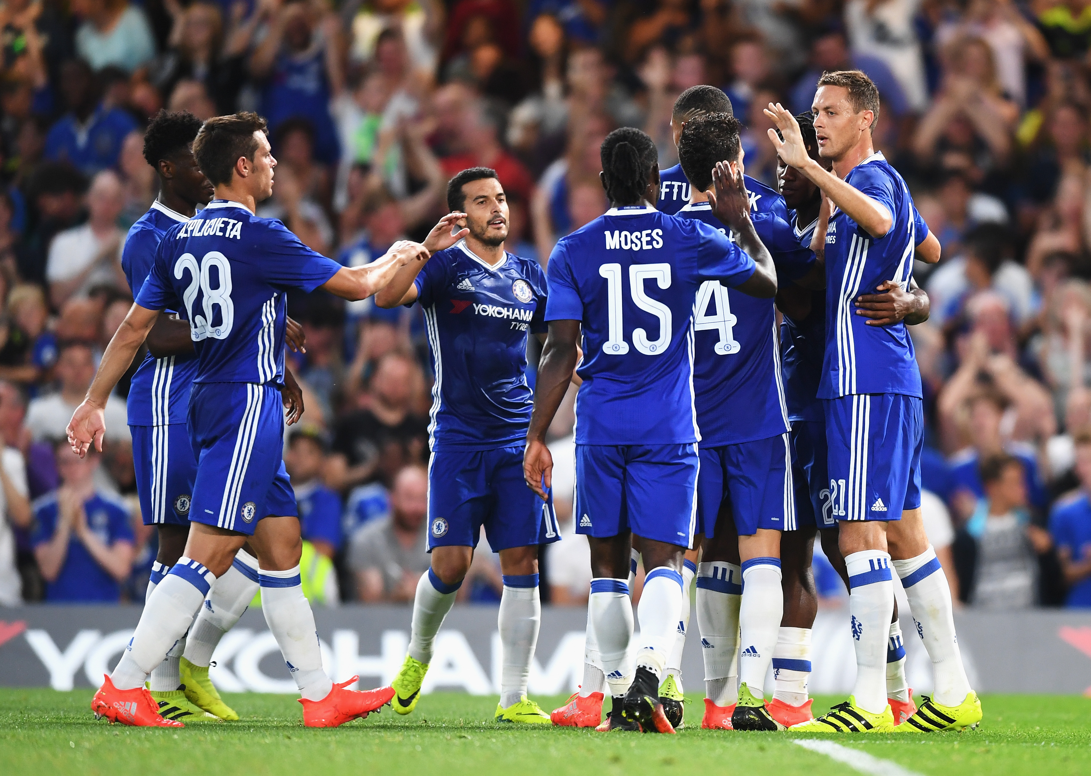 LONDON, ENGLAND - AUGUST 23: Chelsea players celebrate the opening goal scored by Michy Batshuayi during the EFL Cup second round match between Chelsea and Bristol Rovers at Stamford Bridge on August 23, 2016 in London, England.  (Photo by Michael Regan/Getty Images )