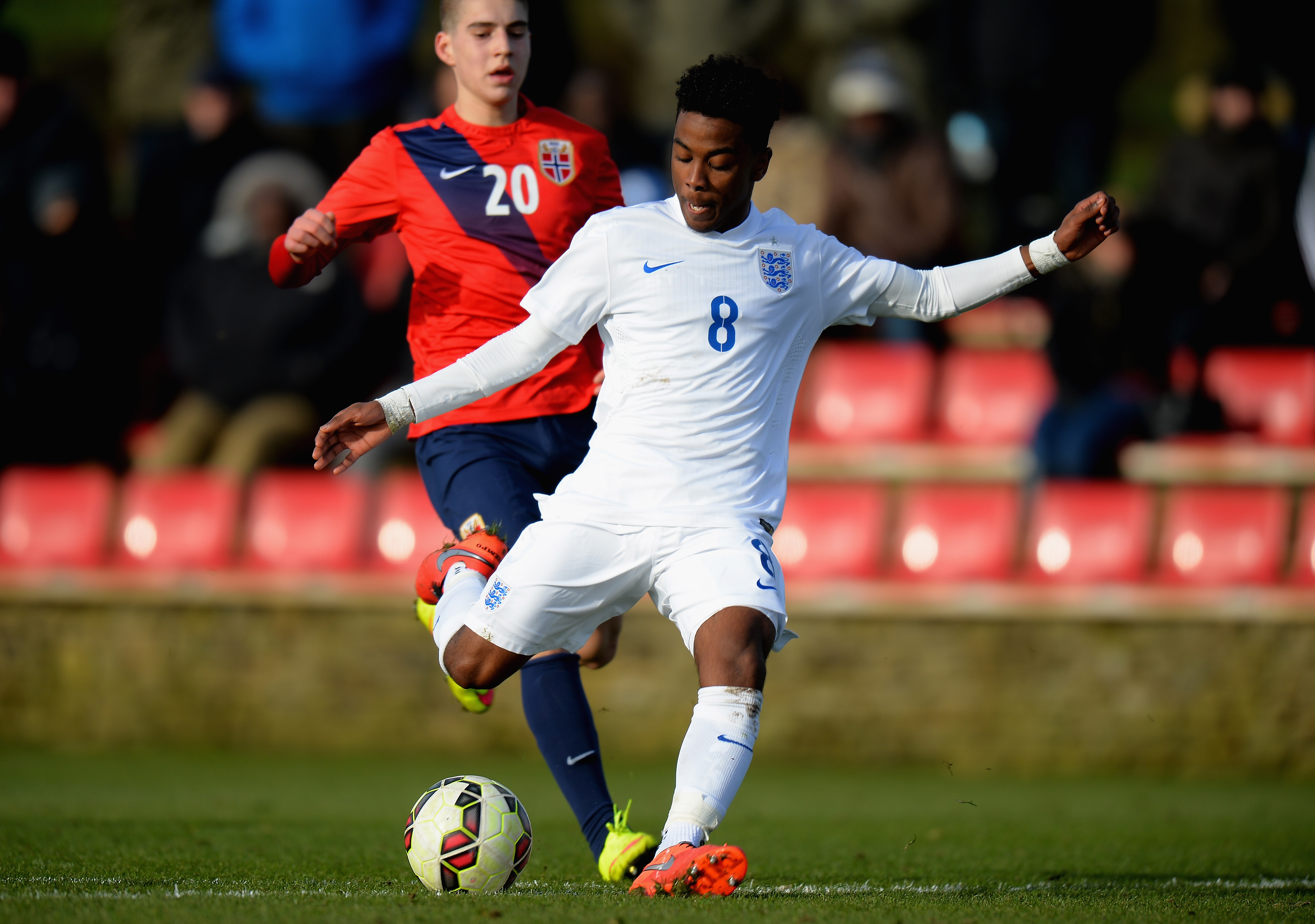 BURTON-UPON-TRENT, ENGLAND - FEBRUARY 16:  Angel Gomes of England U16 during the U16s International Friendly match between England U16 and Norway U16 at St Georges Park on February 16, 2016 in Burton-upon-Trent, England.  (Photo by Tony Marshall/Getty Images)