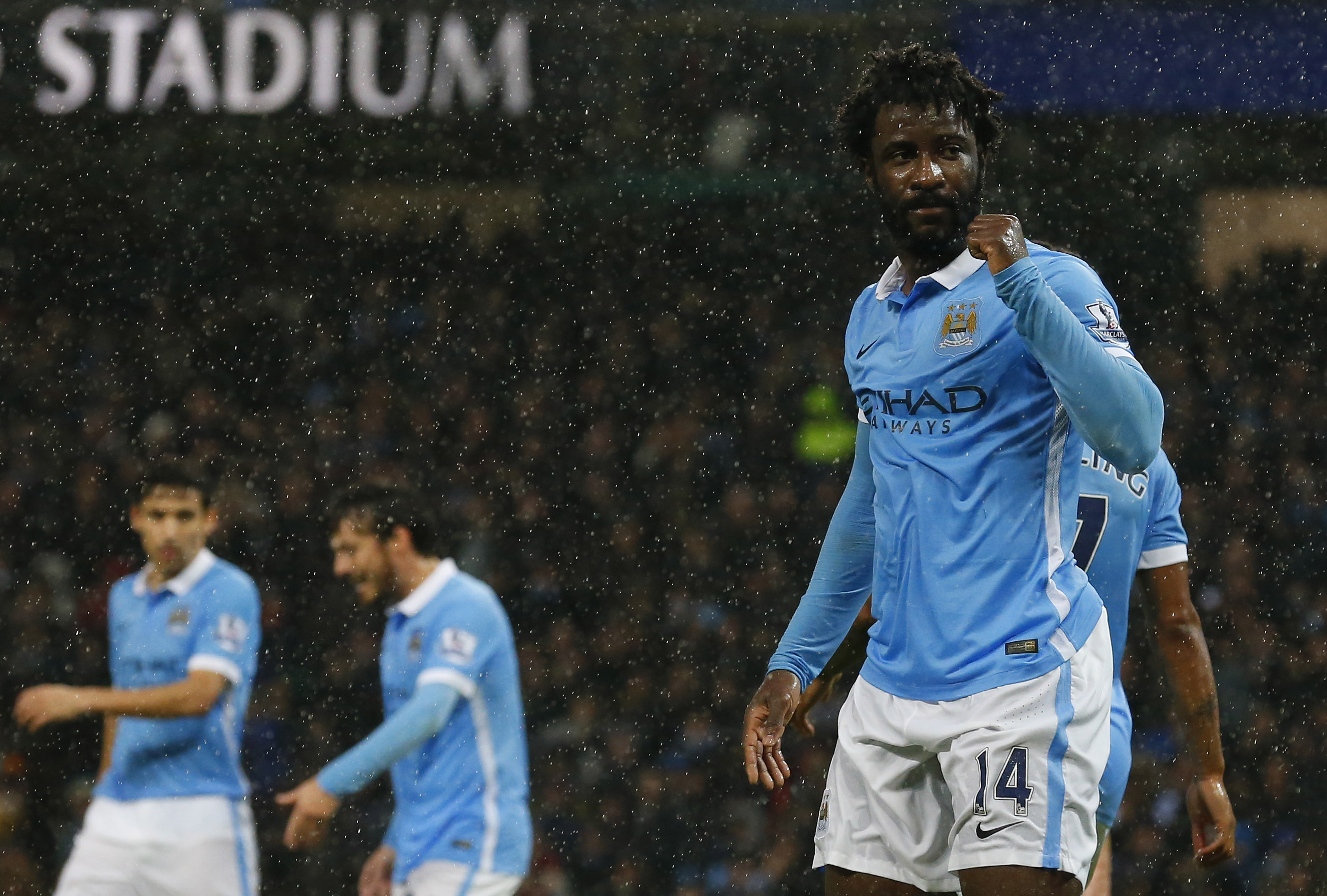 Manchester City's Ivorian striker Wilfried Bony celebrates scoring the opening goal during the English Premier League football match between Manchester City and Swansea City at the Etihad Stadium in Manchester, north west England, on December 12, 2015. AFP PHOTO / LINDSEY PARNABY

RESTRICTED TO EDITORIAL USE. No use with unauthorized audio, video, data, fixture lists, club/league logos or 'live' services. Online in-match use limited to 75 images, no video emulation. No use in betting, games or single club/league/player publications. / AFP / LINDSEY PARNABY        (Photo credit should read LINDSEY PARNABY/AFP/Getty Images)