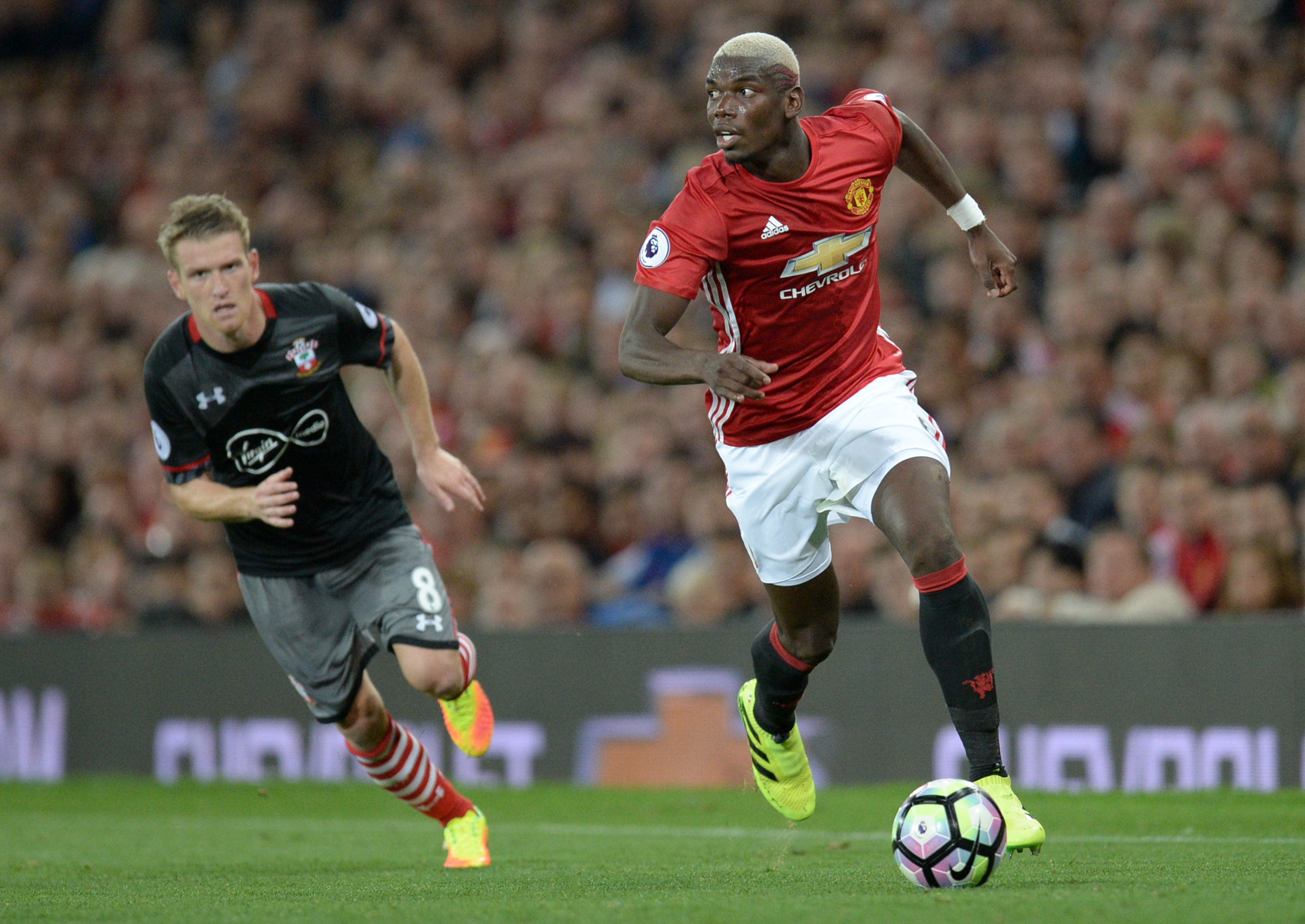 Manchester United's French midfielder Paul Pogba (R) runs with the ball during the English Premier League football match between Manchester United and Southampton at Old Trafford in Manchester, north west England, on August 19, 2016. / AFP / Oli SCARFF / RESTRICTED TO EDITORIAL USE. No use with unauthorized audio, video, data, fixture lists, club/league logos or 'live' services. Online in-match use limited to 75 images, no video emulation. No use in betting, games or single club/league/player publications.  /         (Photo credit should read OLI SCARFF/AFP/Getty Images)