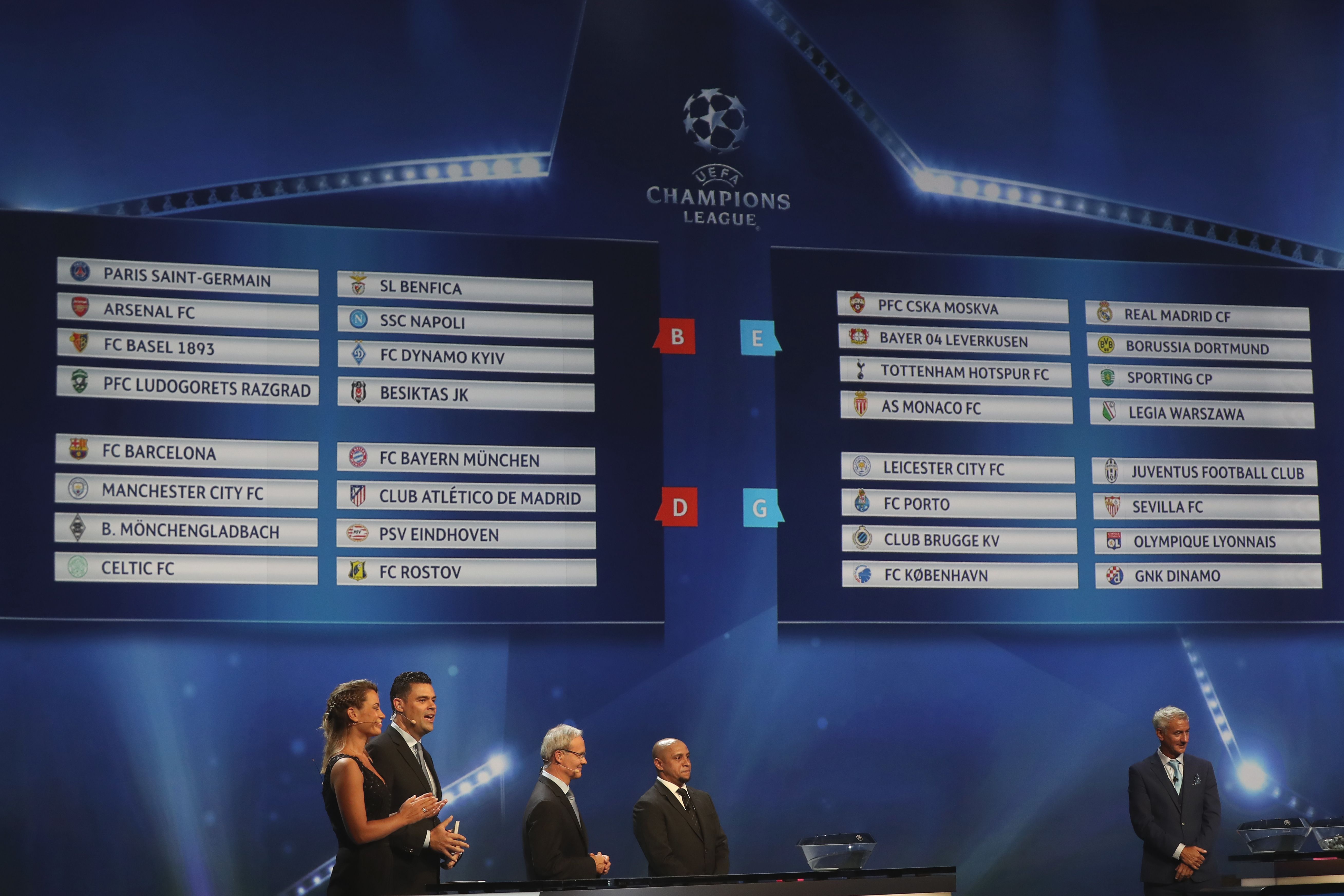 Former Brazilian football player Roberto Carlos (C) and Liverpool football legend Ian Rush (R) stand under the draw for the groups A, B, C, D, E, F, G and H is displayed on a screen  during the UEFA Champions League Group stage draw ceremony, on August 25, 2016 in Monaco. / AFP / Valery HACHE        (Photo credit should read VALERY HACHE/AFP/Getty Images)