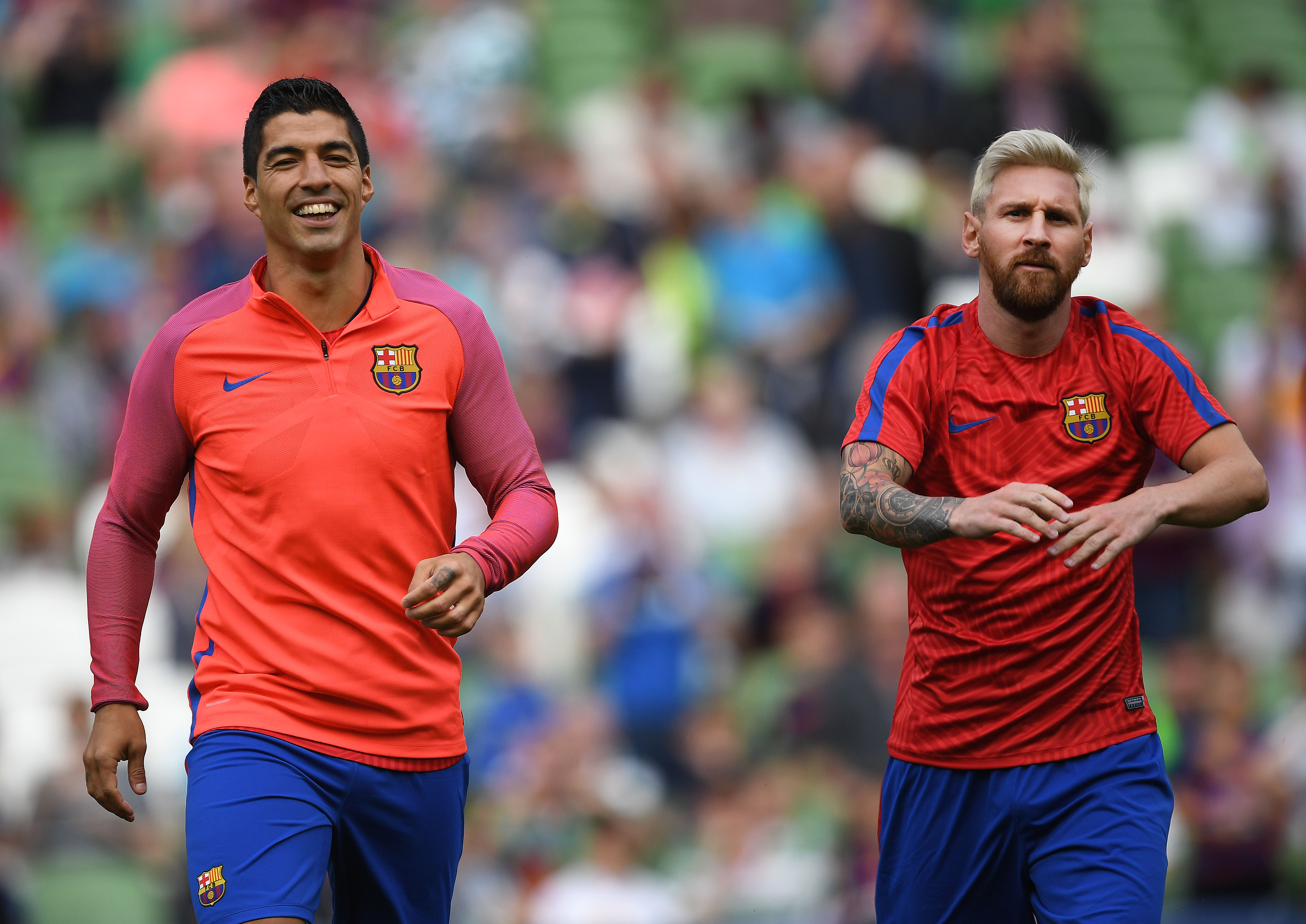 DUBLIN, IRELAND - JULY 30: Lionel Messi (R) and Luis Suarez (L) of Barcelona before the International Champions Cup series match between Barcelona and Celtic at Aviva Stadium on July 30, 2016 in Dublin, Ireland. (Photo by Charles McQuillan/Getty Images)