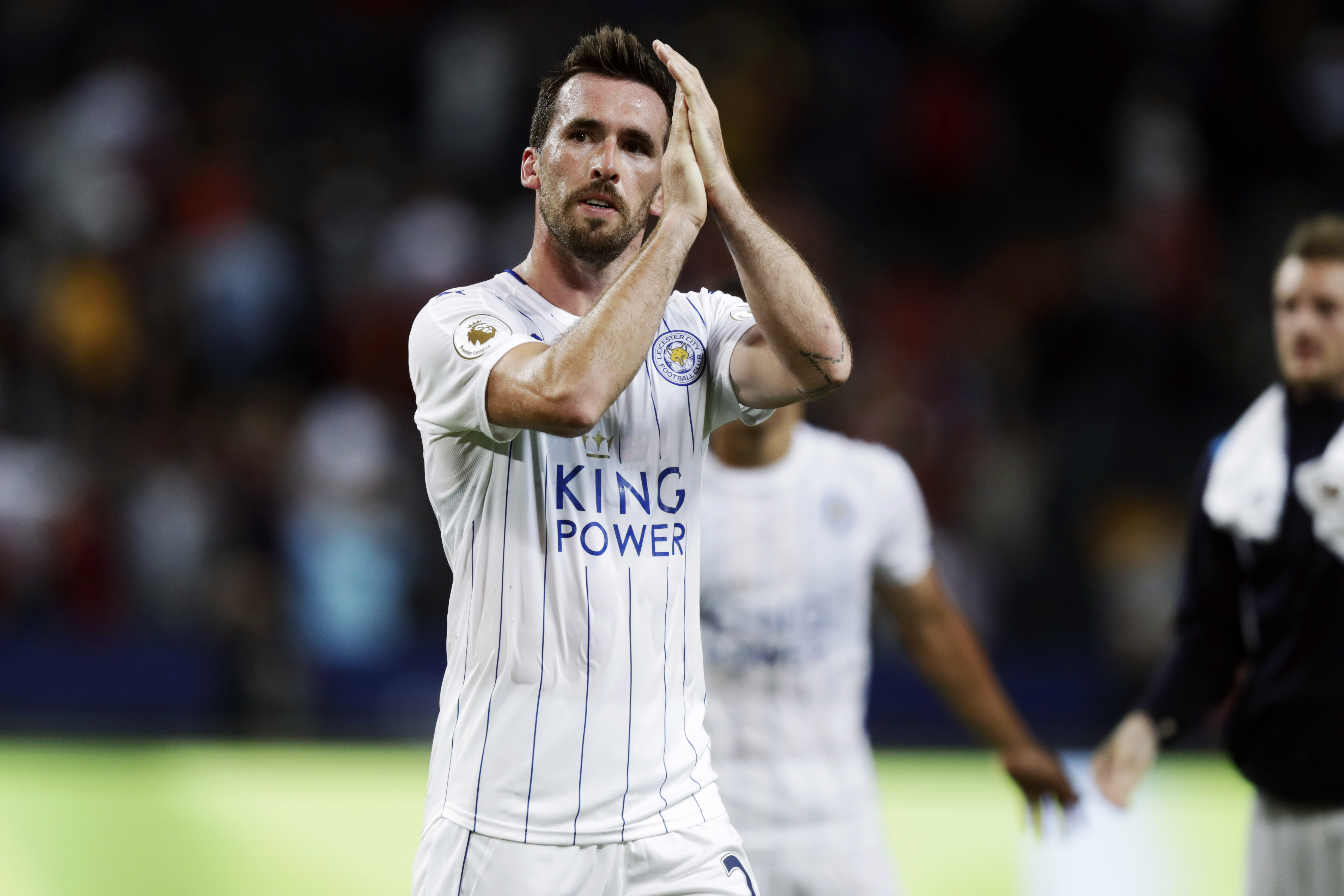 SOLNA, SWEDEN - AUGUST 03: Christian Fuchs of Leicester City FC during the International Champions Cup match between Leicester City FC and FC Barcelona at Friends arena on August 3, 2016 in Solna, Sweden. (Photo by Nils Petter Nilsson/Ombrello/Getty Images)