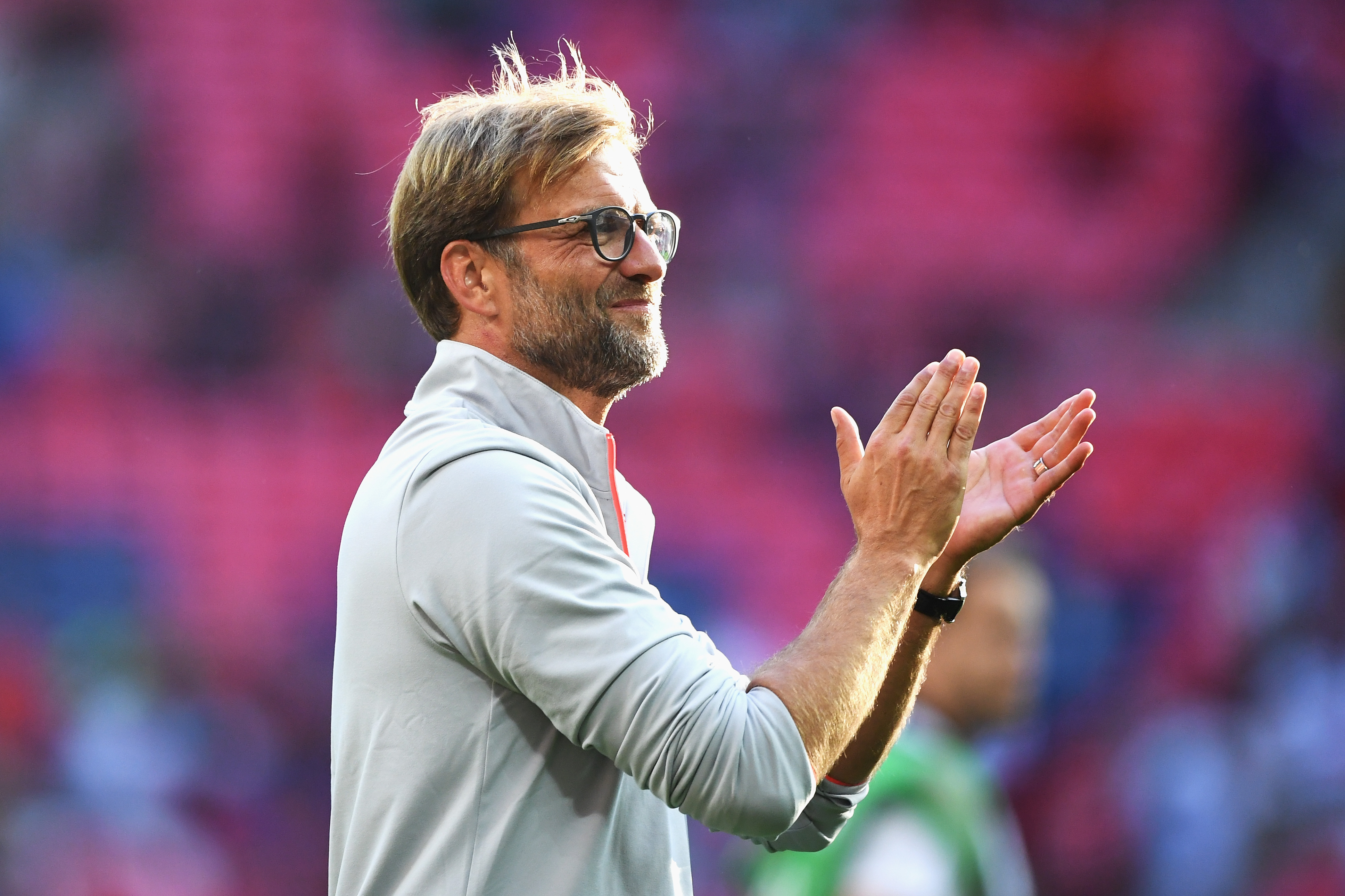LONDON, ENGLAND - AUGUST 06:  Jurgen Klopp, Manager of Liverpool applauds supporters following the International Champions Cup match between Liverpool and Barcelona at Wembley Stadium on August 6, 2016 in London, England.  (Photo by Michael Regan/Getty Images)
